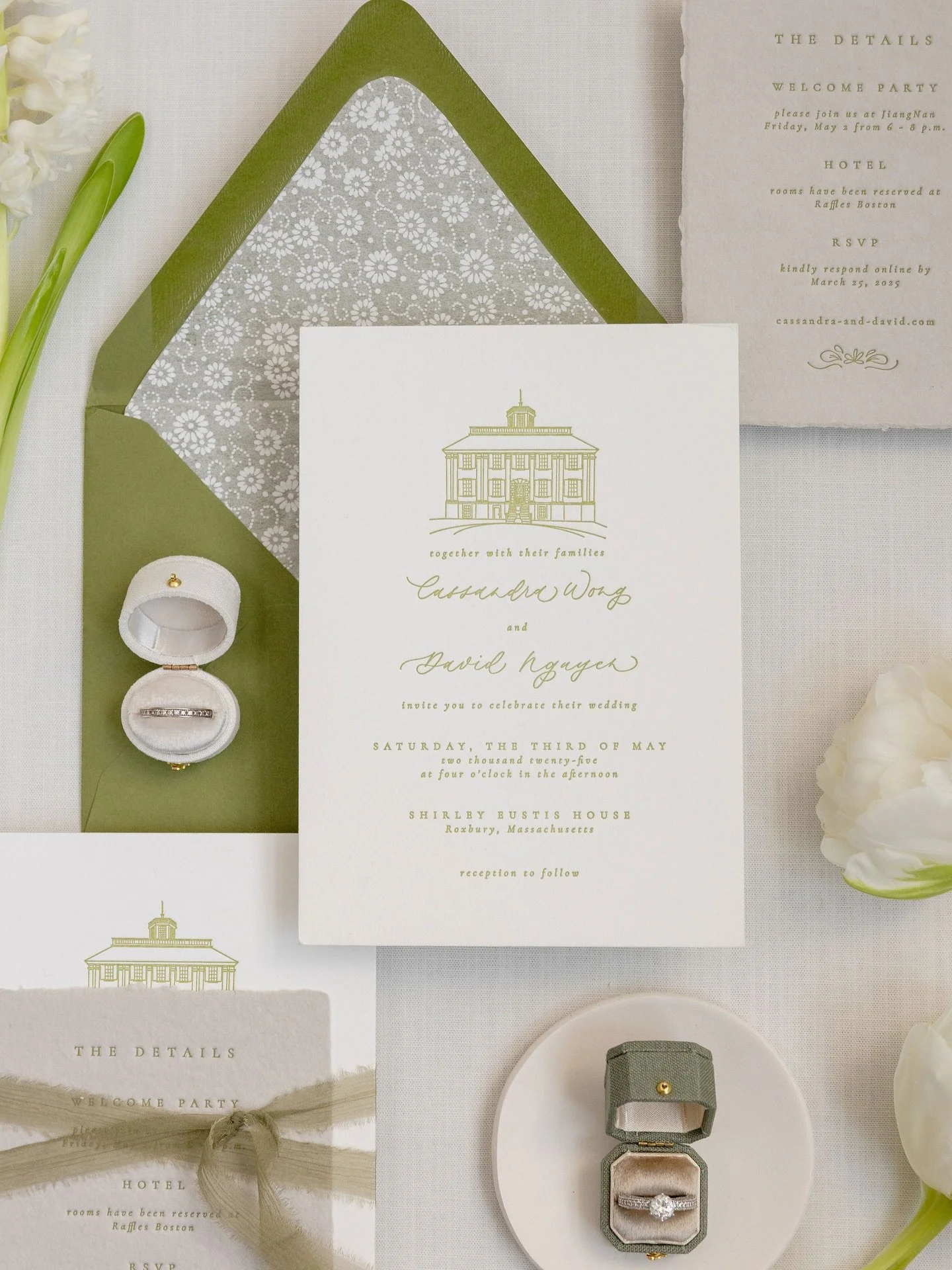 a little green &amp; white inspo for spring, captured by @clara.alave.photography and florals by @piurifleur 

custom venue illustration invitation card with letterpress on cotton paper paired with a handmade paper details card with more letterpress 