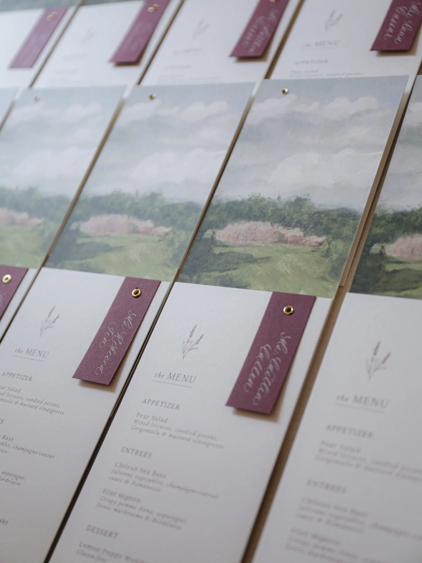 the most dreamy, romantic reception menu + place card combo for S&amp;J&rsquo;s fairytale wedding 😍

we took a birdseye view of their beautiful venue, the @pendrynatirar &mdash; a stunning escape remisicent of the English countryside just 25 miles o