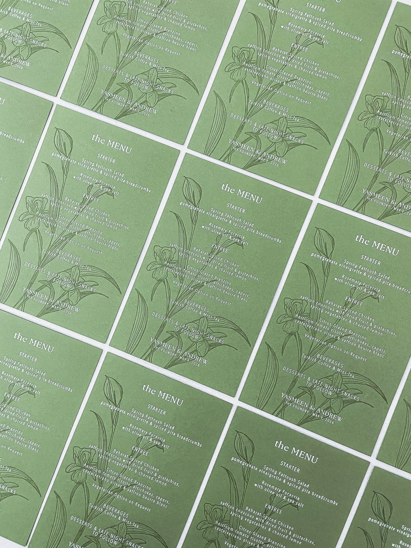 a moment for Y&amp;A&rsquo;s reception menus please 😍

taking inspiration from their stunning invitation suite, we reused their custom floral illustration for their dinner menus. they were letterpressed with translucent ink, then stamped with white 
