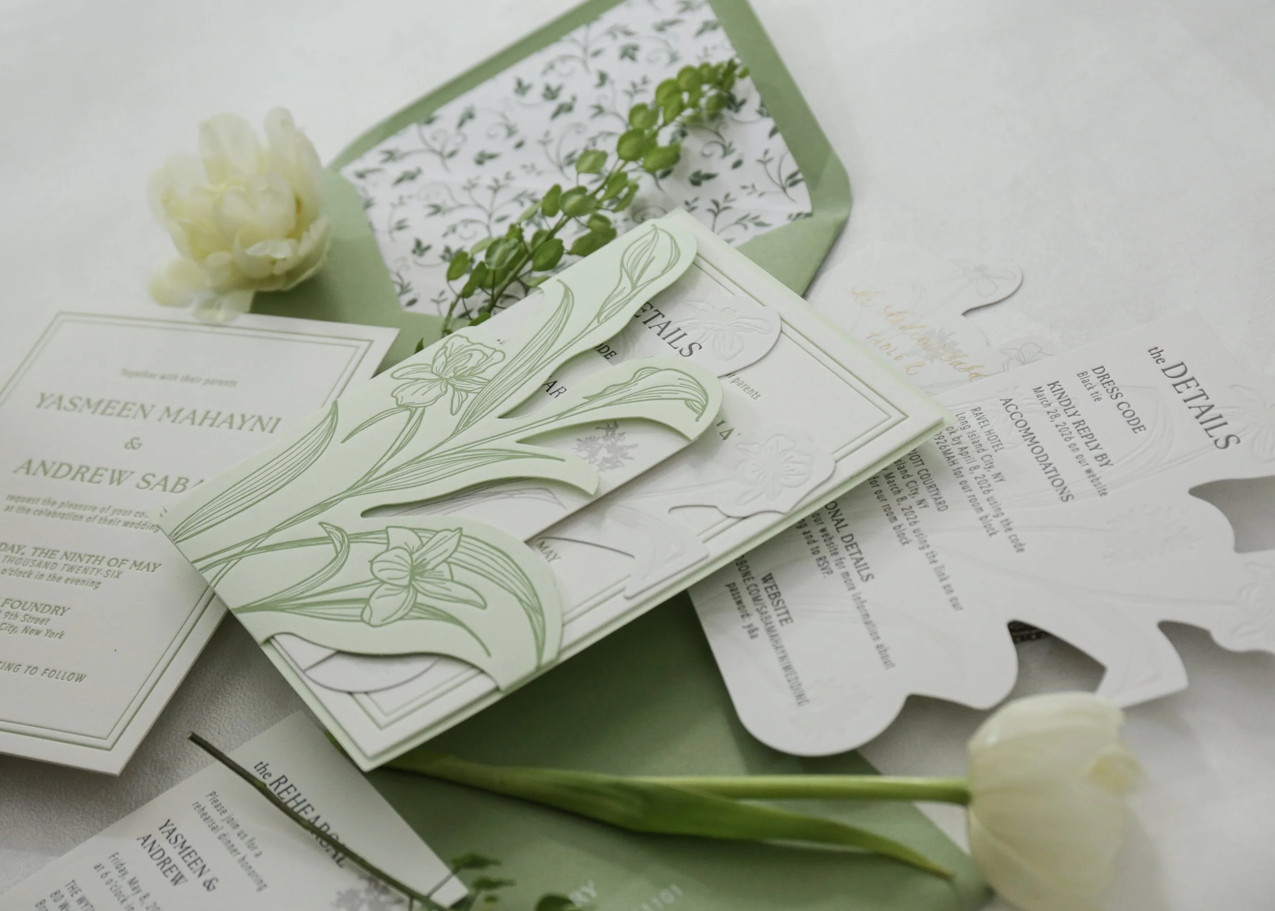 Modern chic floral wedding invitations with die-cutting and letterpress