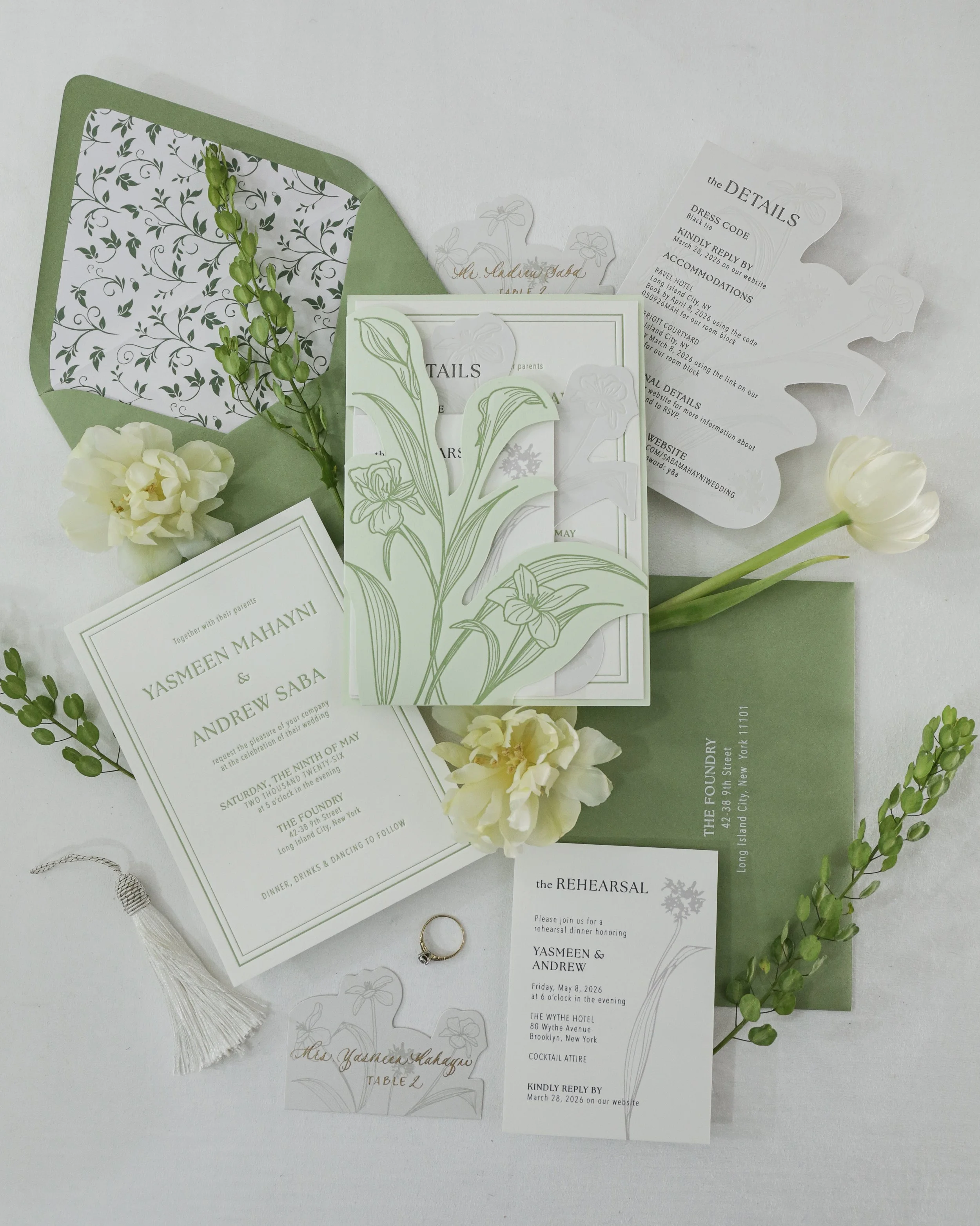 Custom die cut floral green and white wedding invitations with letterpress