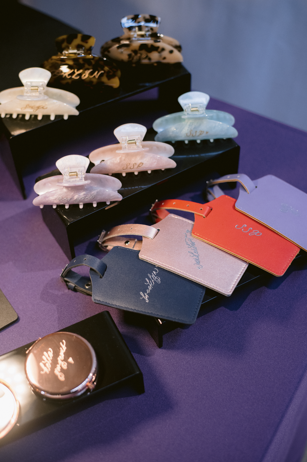 Personalized wedding favors hair clips and luggage tags