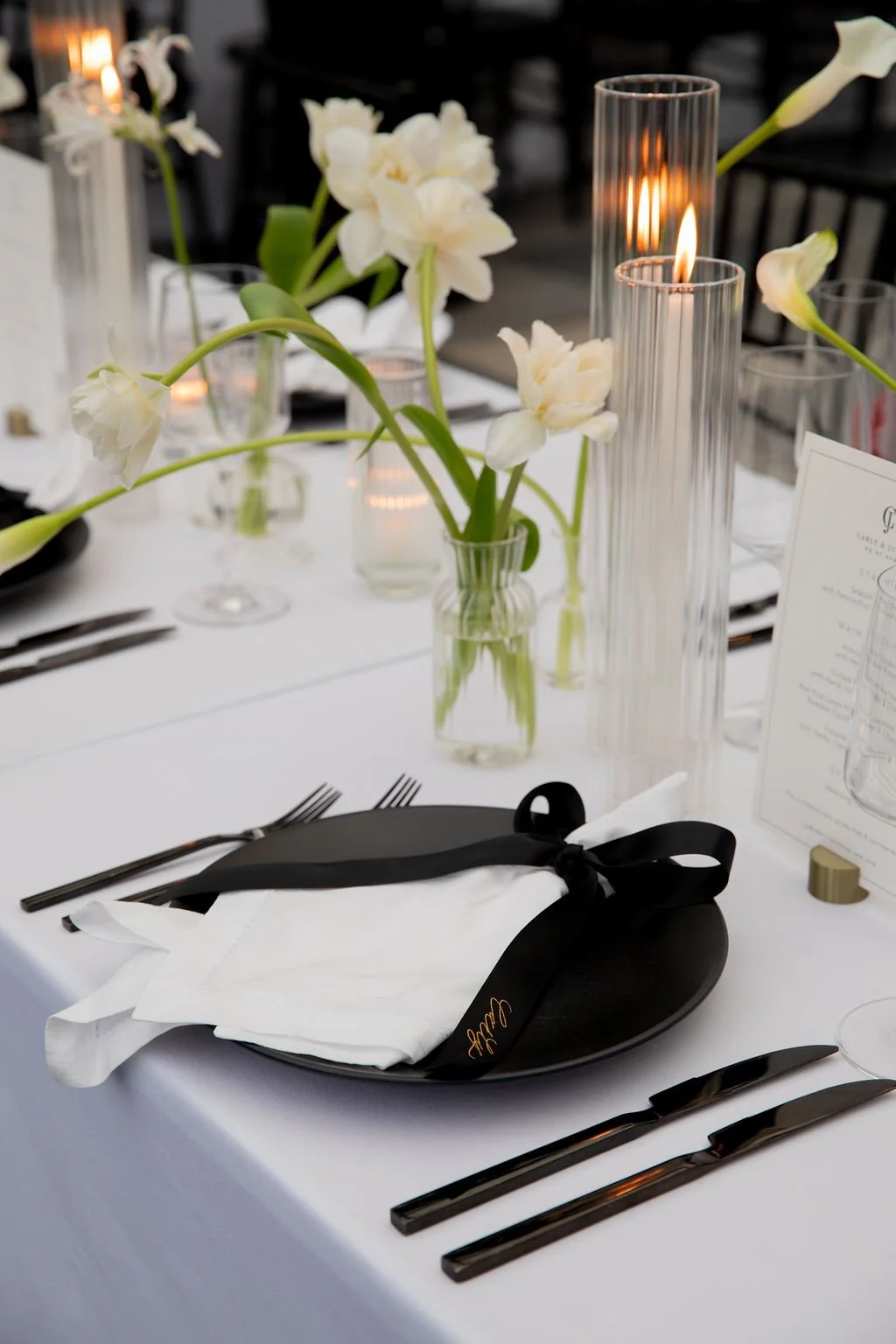 Ribbon place cards with gold foil calligraphy