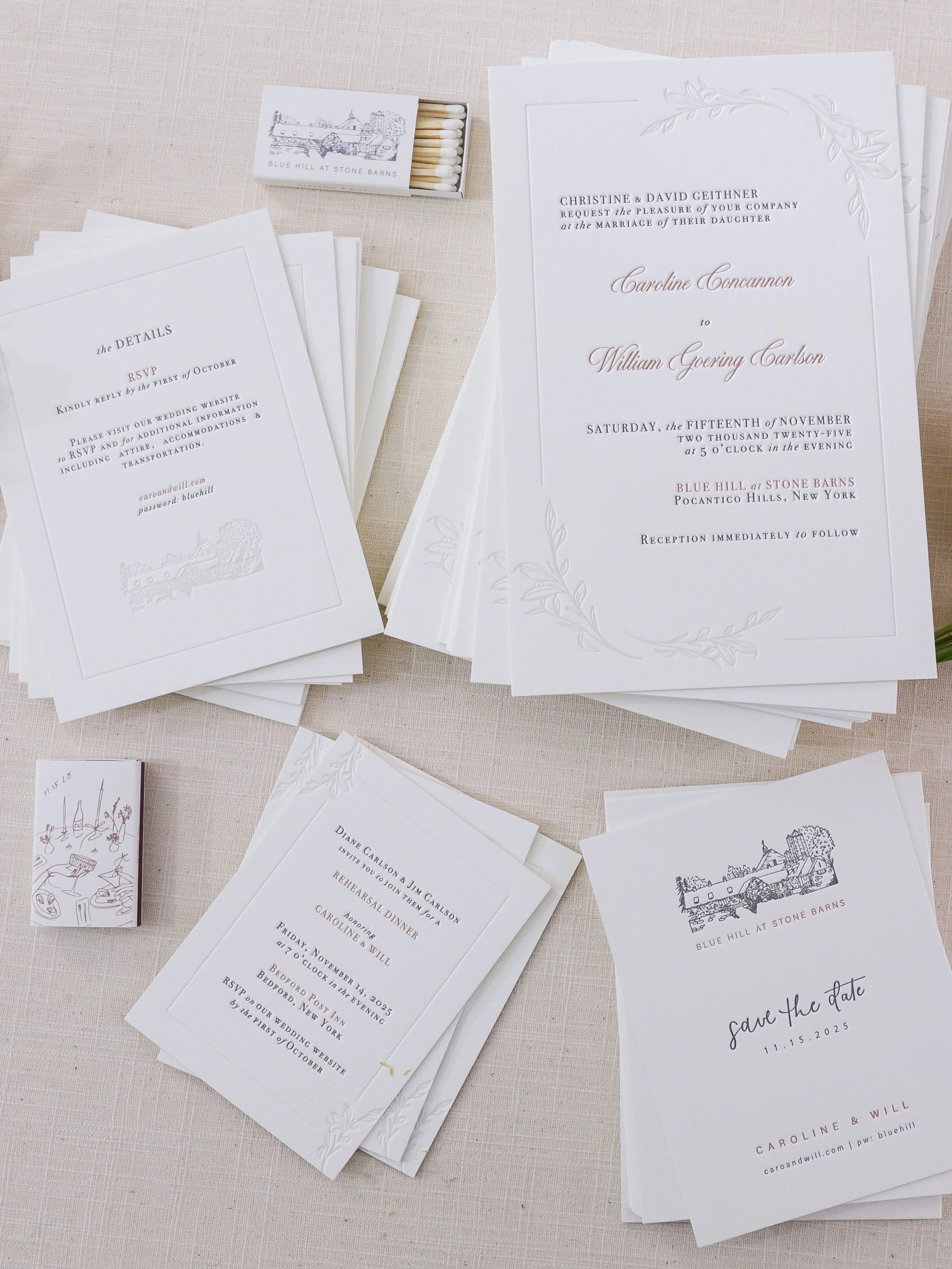 Elegant timeless romantic wedding invitations with letterpress and illustration