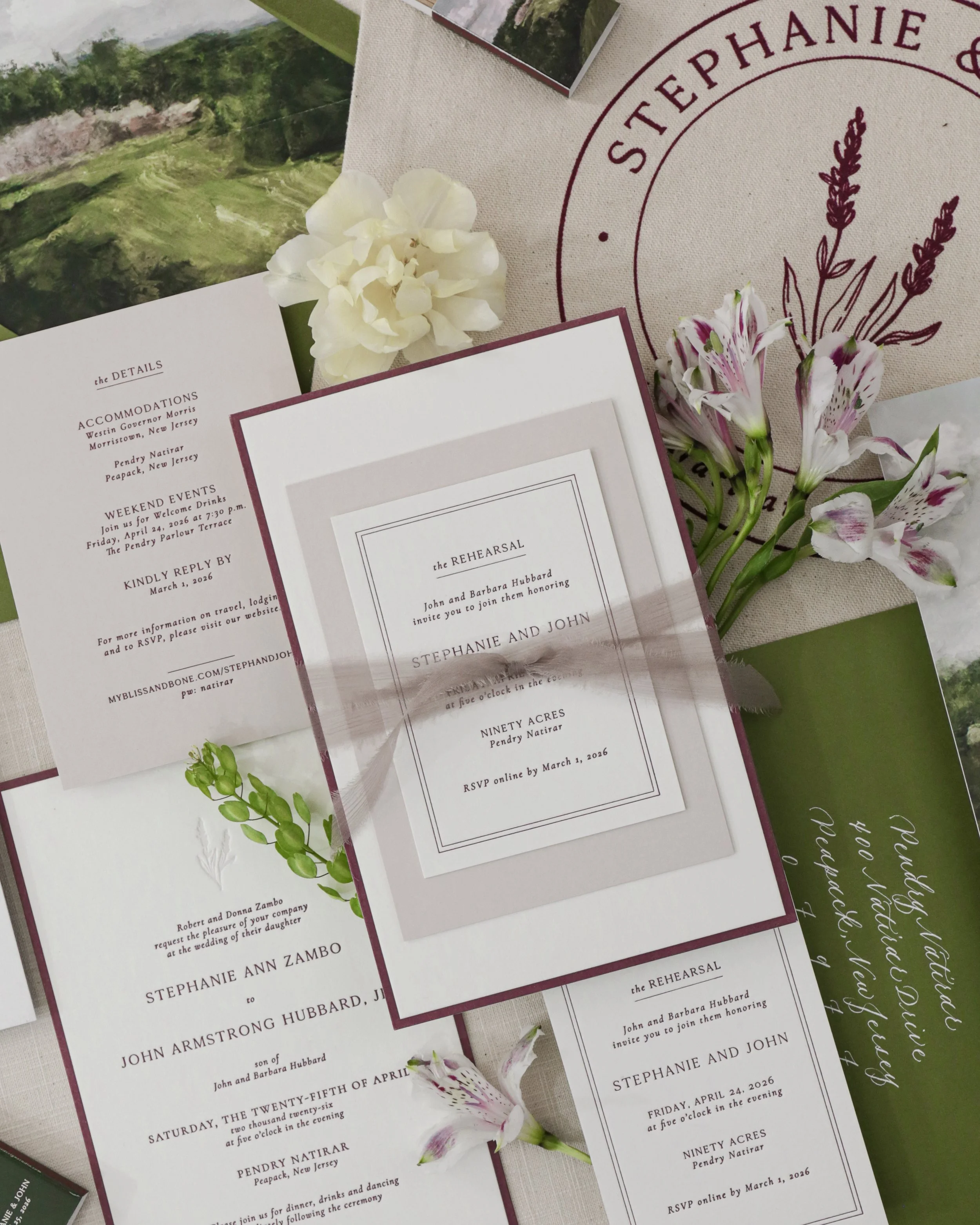 Romantic classic wedding invitations with green and burgundy theme