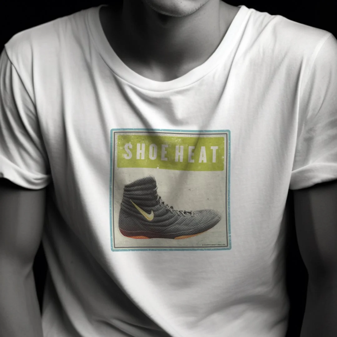 Person wearing a white t-shirt with "SHOE HEAT" and a sneaker graphic featuring a swoosh logo.