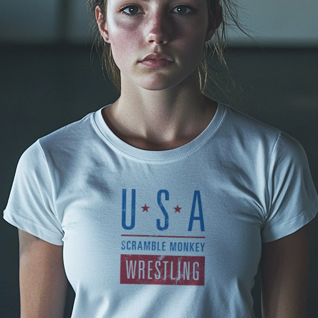 Woman wearing a white T-shirt with 'USA Scramble Monkey Wrestling' printed on it.