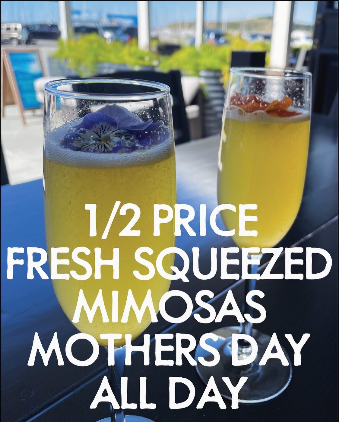 Let&rsquo;s toast our lovely mothers with fresh squeezed mimosas half price all day Sunday!!! The Coast weather will be perfect!!