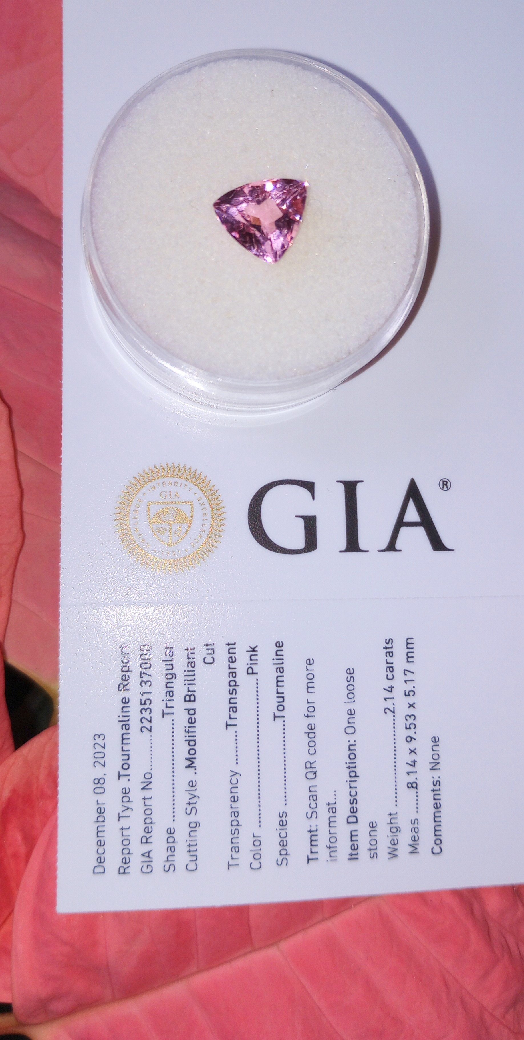 GIA Certified Genuine Pink Congolese Tourmaline 2.14ct in a trillion from thecoveatfoxhollow.com