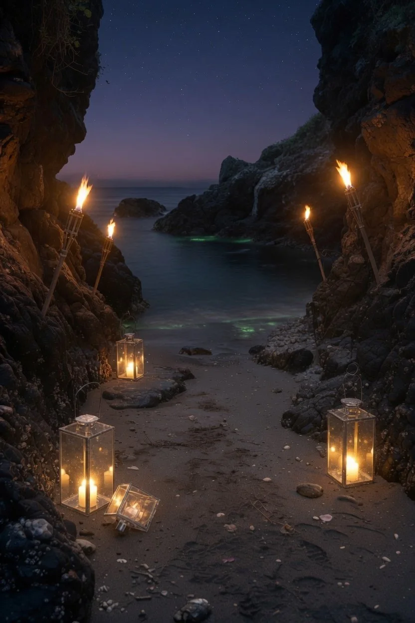 A cove on a beach lit by torches and candles. Create your own dream ring here at The Cove.