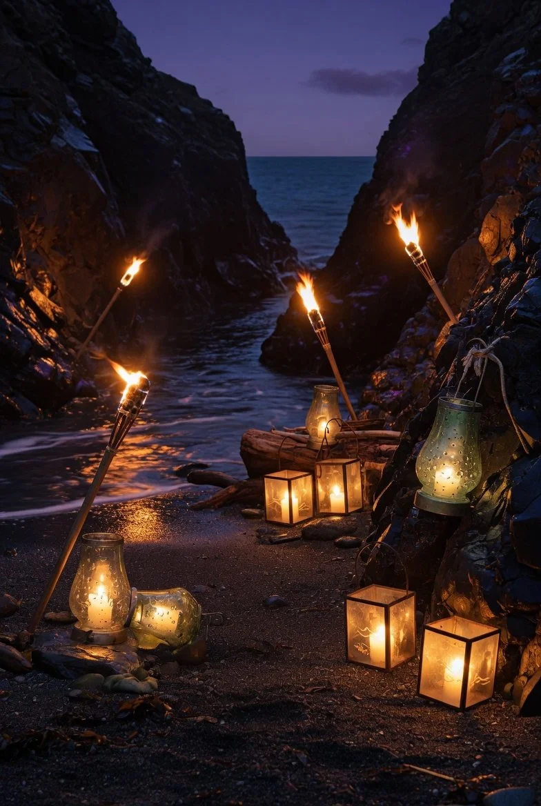 A nighttime scene on a rocky beach with lanterns and torches lighting up the area, framed by cliffs on both sides, with the ocean visible in the background.