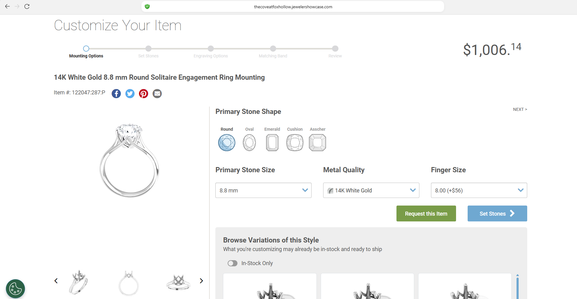 Online jewelry customization page showing a 14K white gold round solitaire engagement ring with an 8.8 mm diamond, options for stone shape, size, metal quality, and finger size.