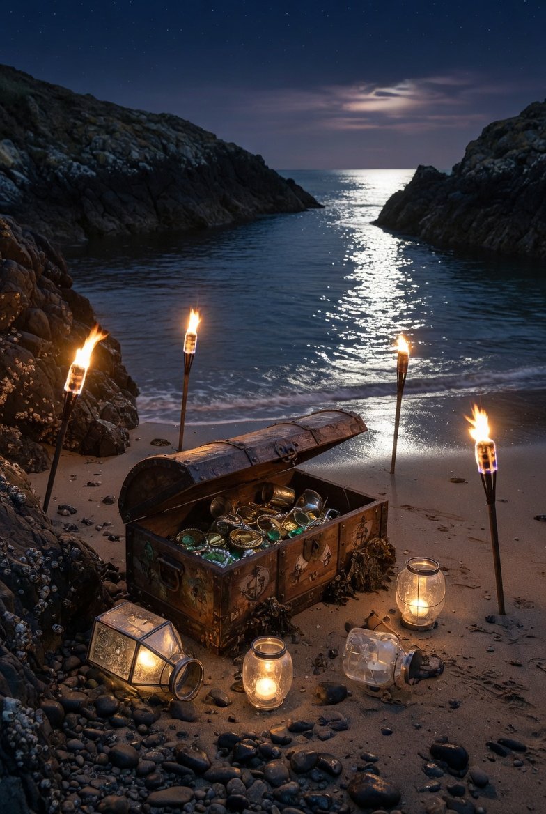 A treasure chest filled with gold coins and jewelry on a beach at night, illuminated by torches and lanterns, with the moon reflecting on the water in the background.