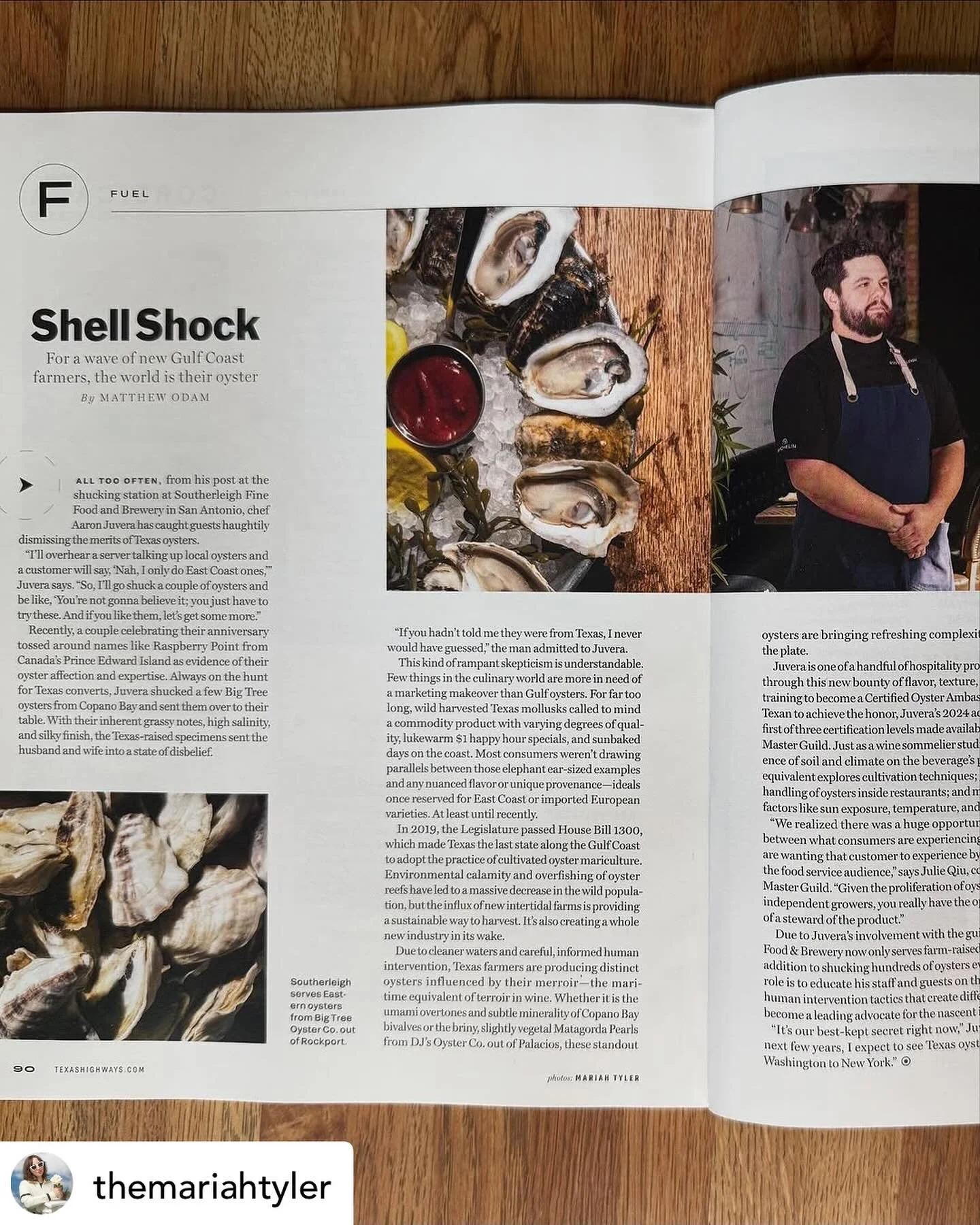 Repost 📸 @themariahtyler &bull; If you haven&rsquo;t picked up the June issue of @texashighways, you&rsquo;re missing out! This issue is a love letter to the Texas coast, with a special shoutout to Texas oysters and Chef Aaron Juvera @aaron.juvera a