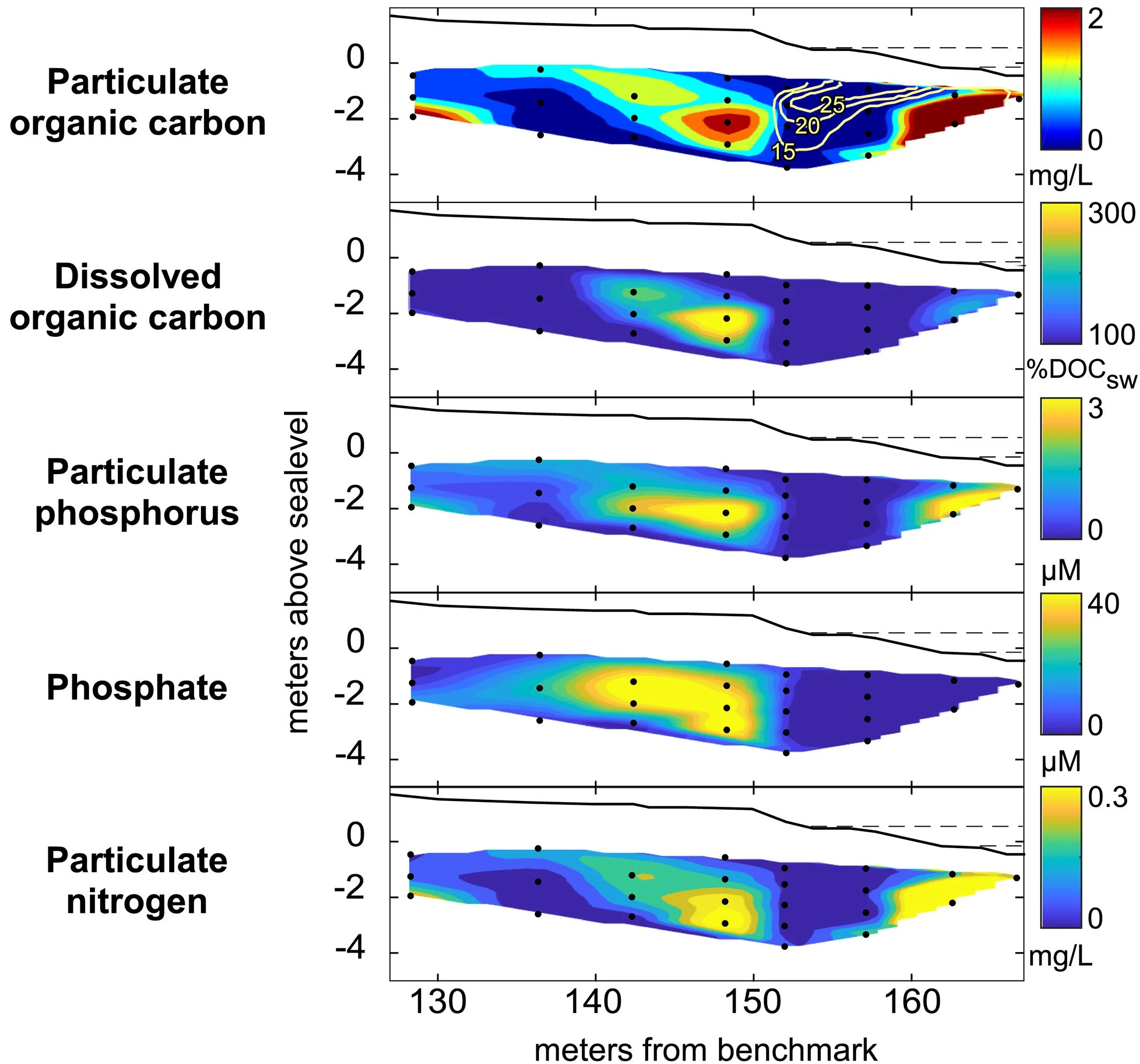 Figure from Lewes beach DE showing that particulate organic carbon leaches nutrients in the beach sediments to fuel beach reactivity