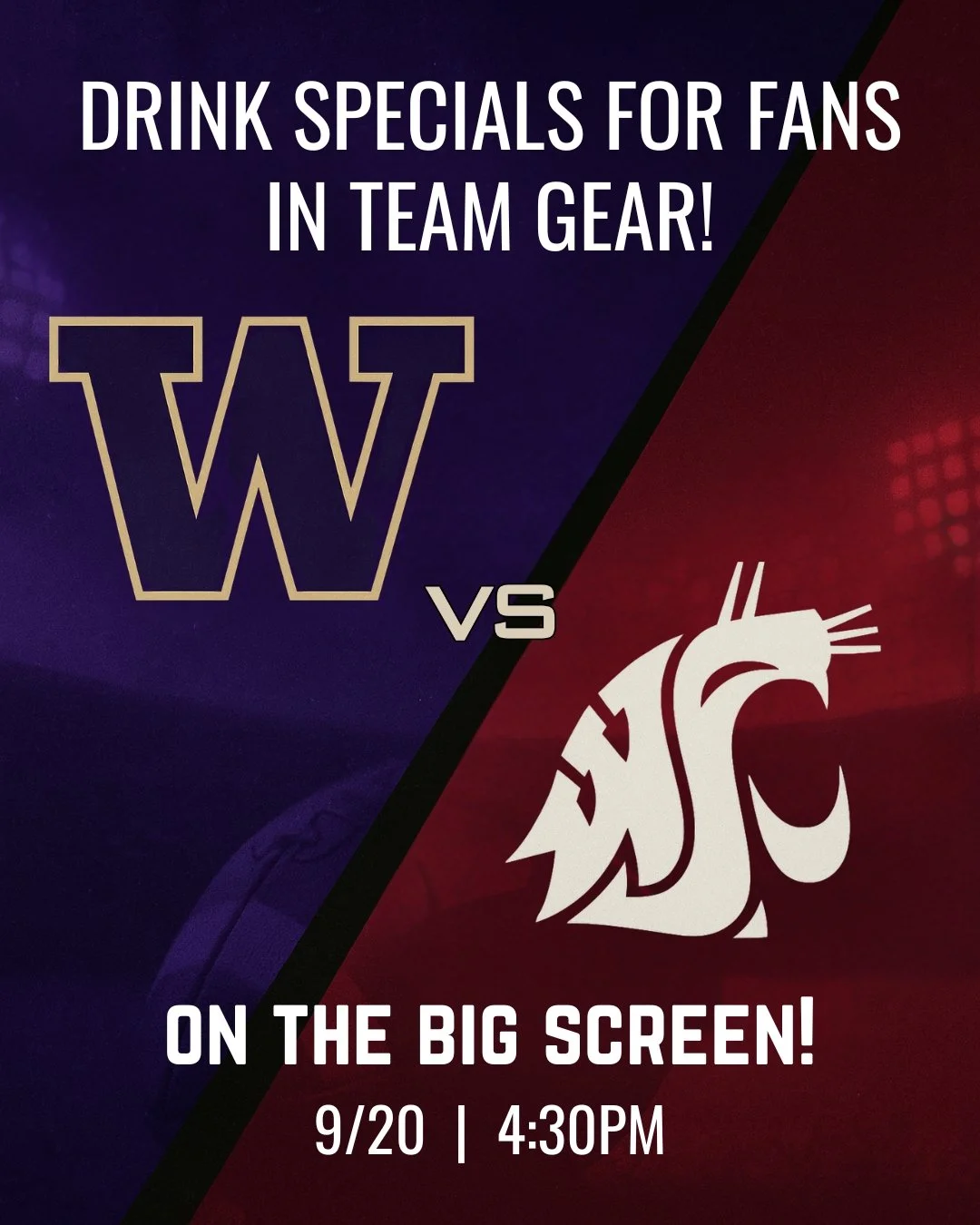 🏈 Apple Cup at Saints & Scholars!
Huskies vs. Cougs this Saturday at 4:30. Catch the game on our big screen and enjoy game day specials:
• Purple Husky and Crimson Coug cocktails
• Extended happy hour on drinks until 6 for anyone in f