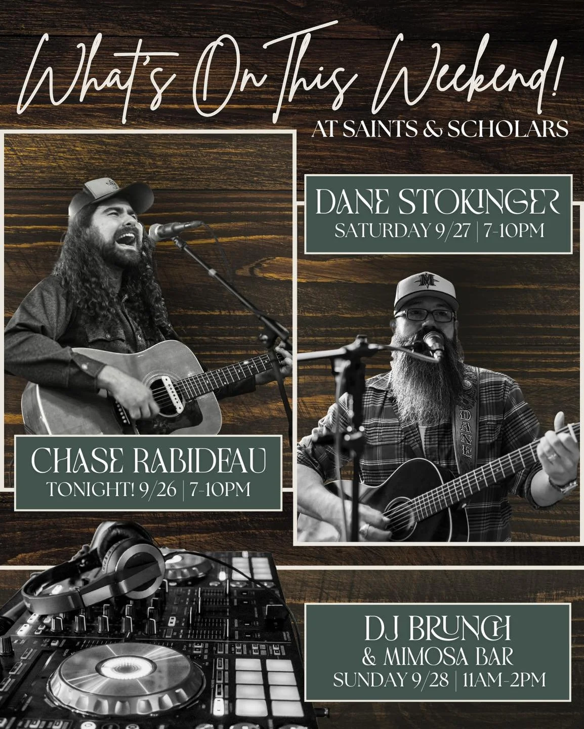 This weekend we’ve got great musicians, a lively DJ brunch, and all the good vibes at Saints & Scholars. We’d love to see you!
Also, our 3 Year Anniversary is next weekend and we’re bringing back the Dueling Pianos! Reservation