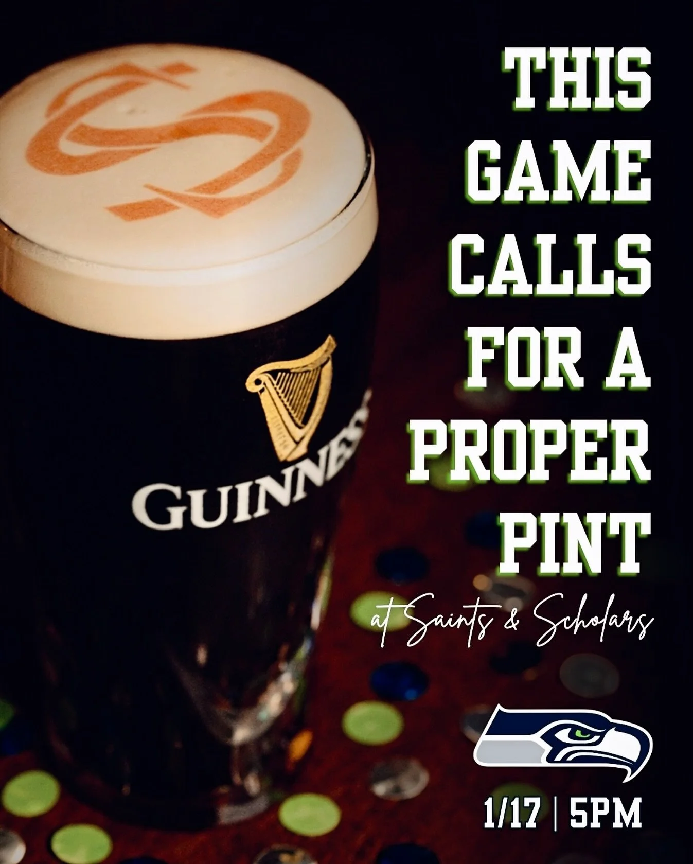 Seahawks will be on the big screen tonight. Sound up &amp; drink specials for those in hawks gear!! Then, stay for the after party with @nickmardonmusic!