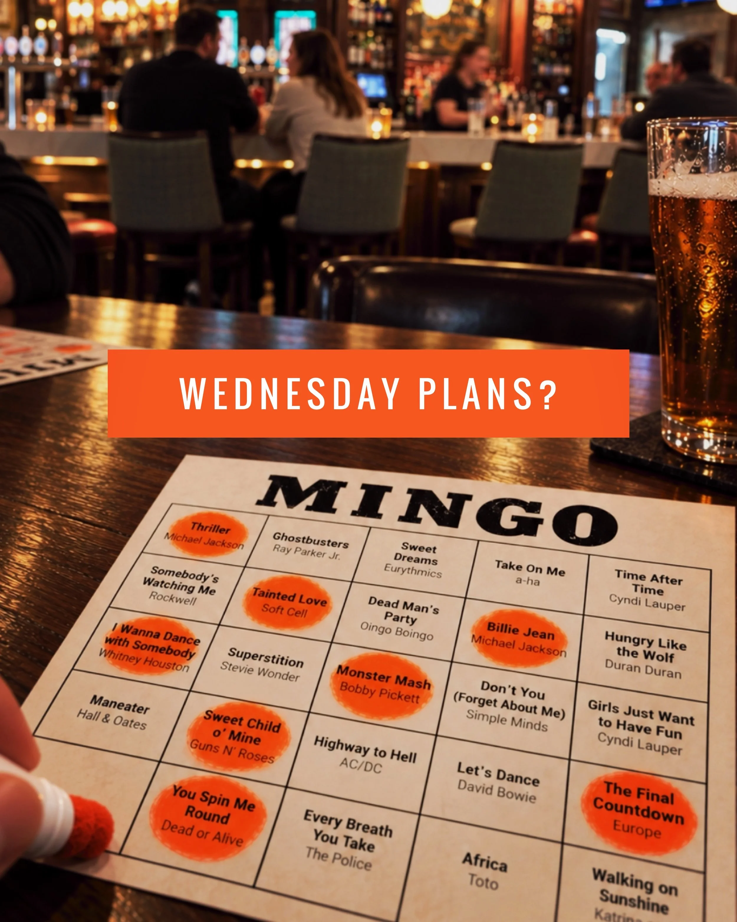 Music Bingo with Halloween hits and &rsquo;80s favorites!
Weds. October 14 &bull; 7&ndash;9 PM

Free to play, with bingo prizes, costume prizes and drink specials.

Any costume welcome, with Halloween and &rsquo;80s looks encouraged. Or just come as 