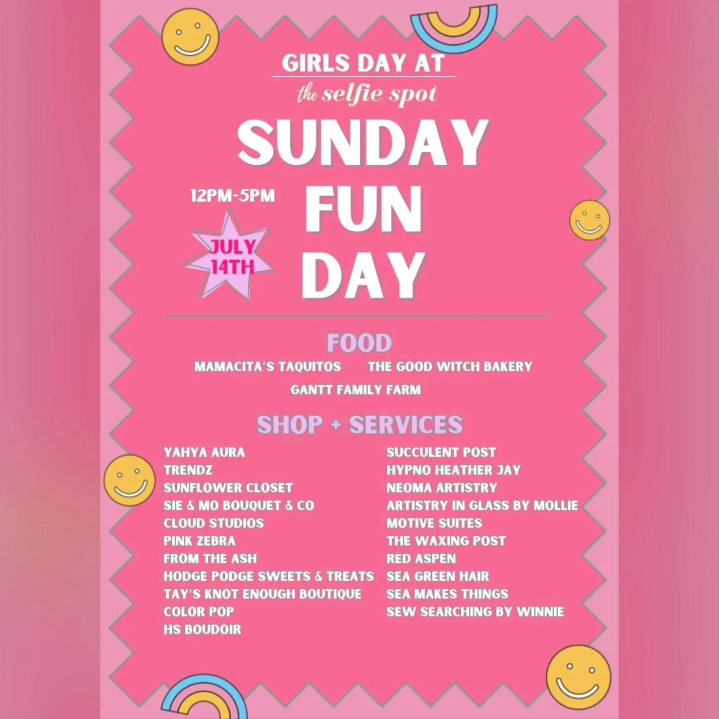 We can't wait to join this awesome lineup of vendors for GIRLS DAY at The Selfie Spot on July 14th. A Sunday Fun Day you do not want to miss! This event is free and open to the public, 12 p.m.-5 p.m. What kind of treats would you like to see from us?