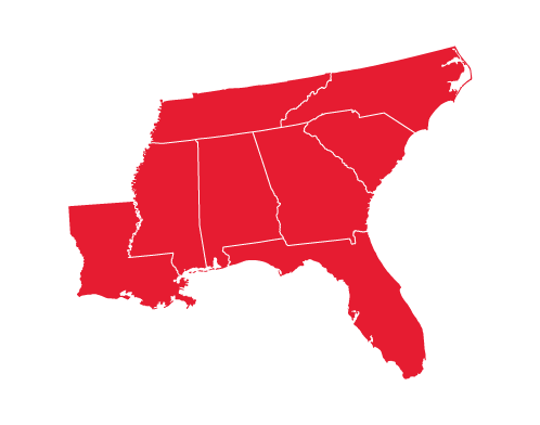 Red silhouette of the state of Georgia in the U.S.