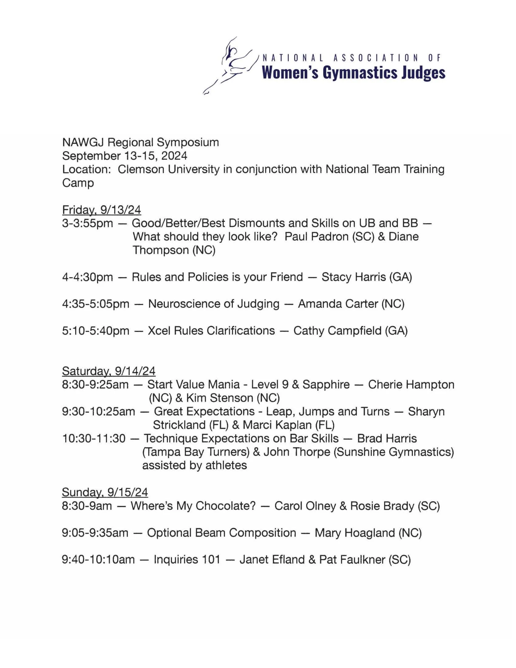 Schedule for the National Association of Women's Gymnastics Judges regional symposium, including dates, times, sessions, and speakers from September 13 to 15, 2024.