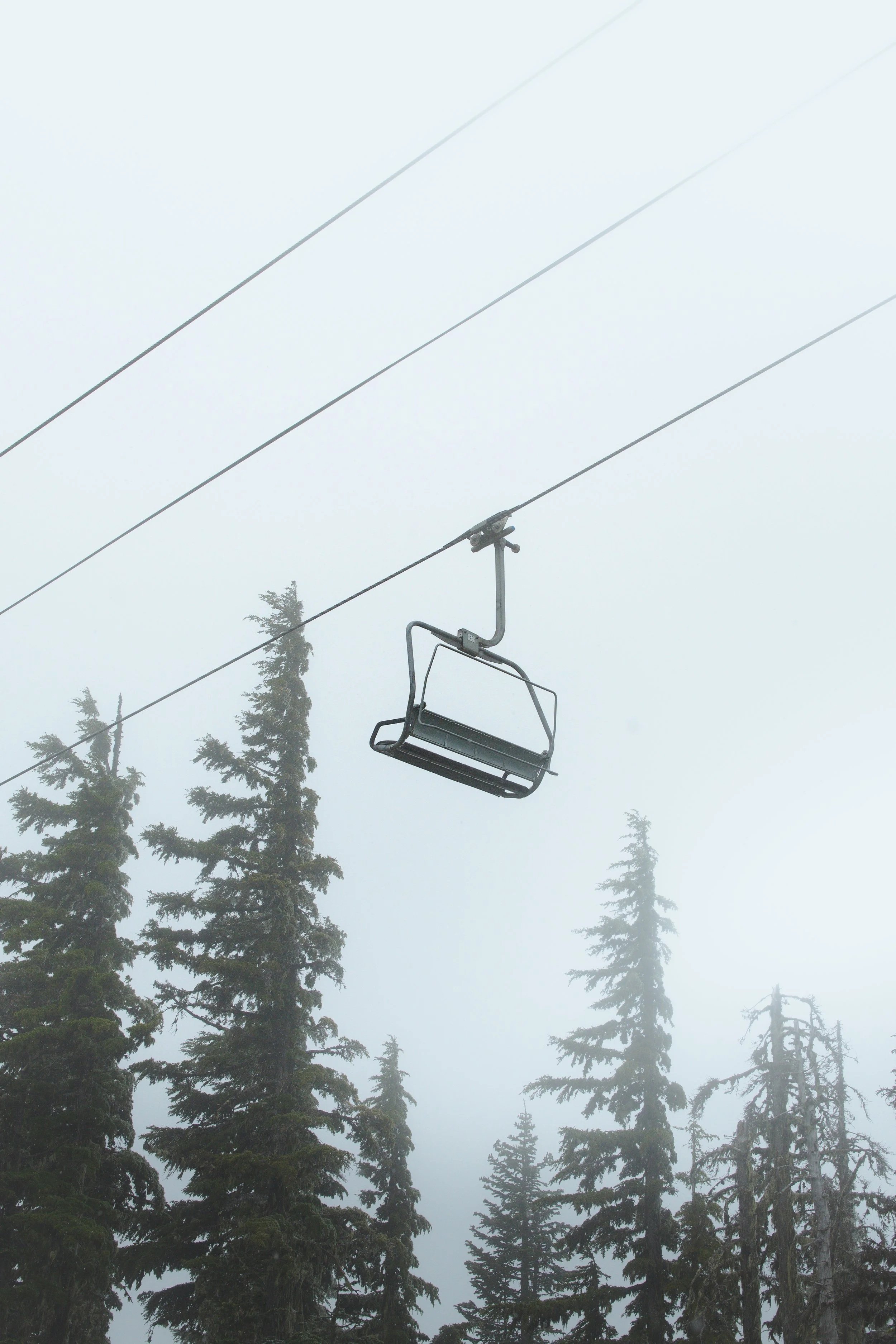 Empty ski lift chair on Mount Hood hanging from cable above tall evergreen trees in foggy weather.