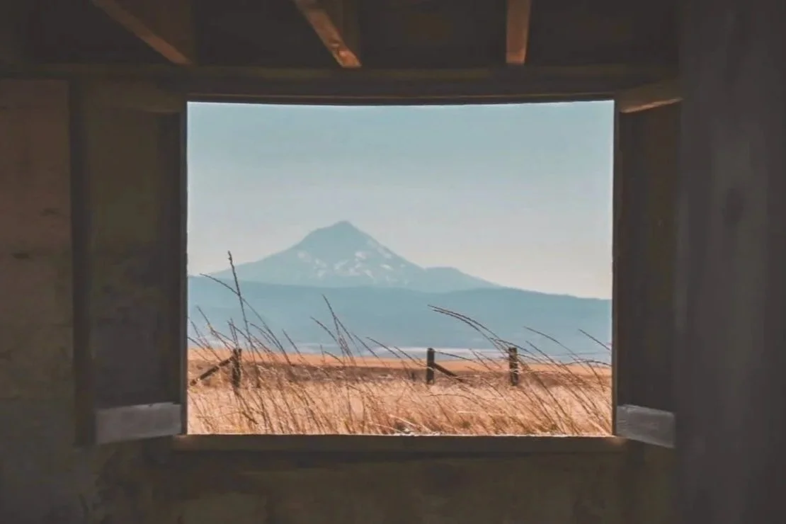 View of  Mount Hood seen through an open window of a wooden structure with grass in the foreground.