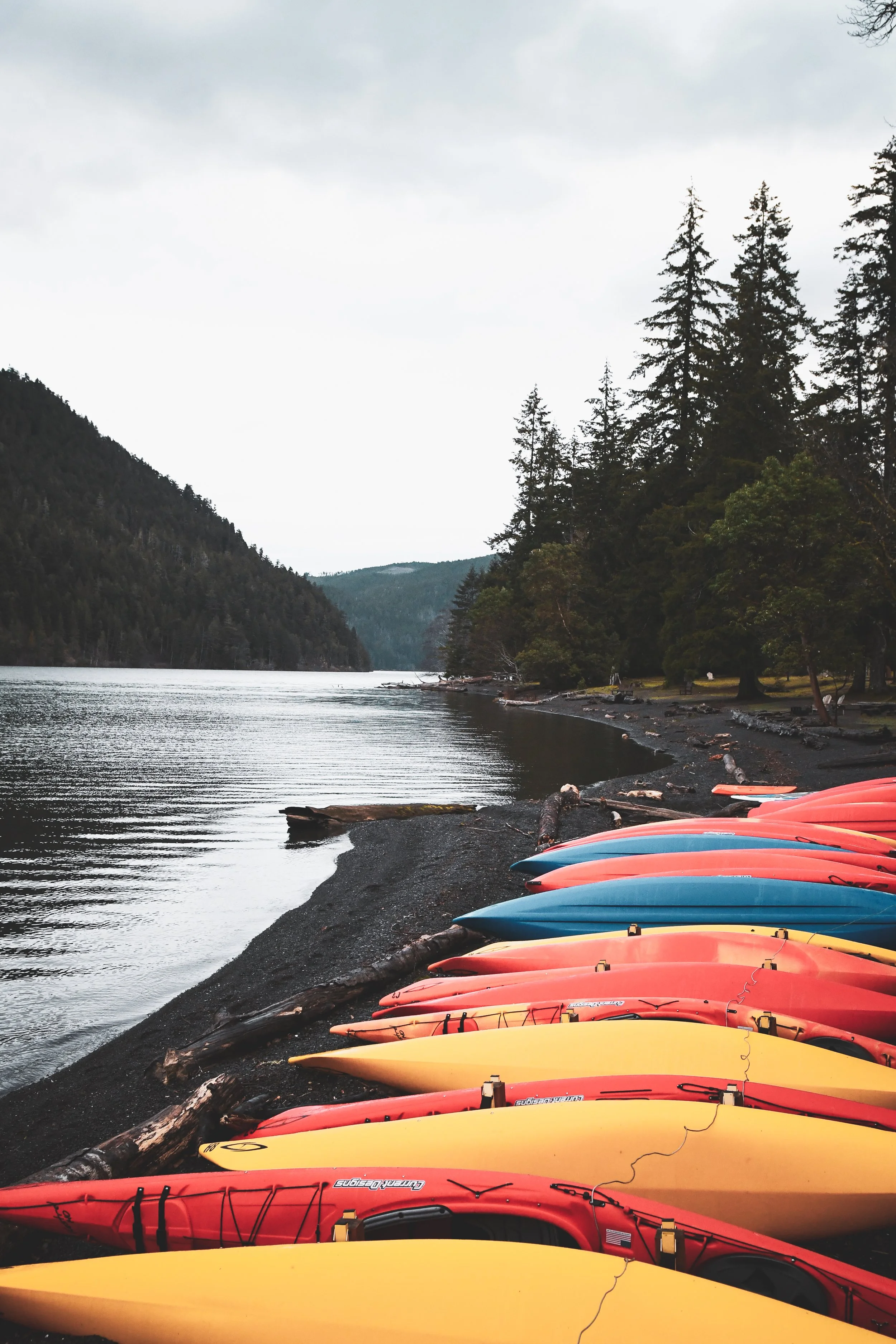 Colorful kayaks lined up on a black beach near Lake Crescent with forested mountains in the background.