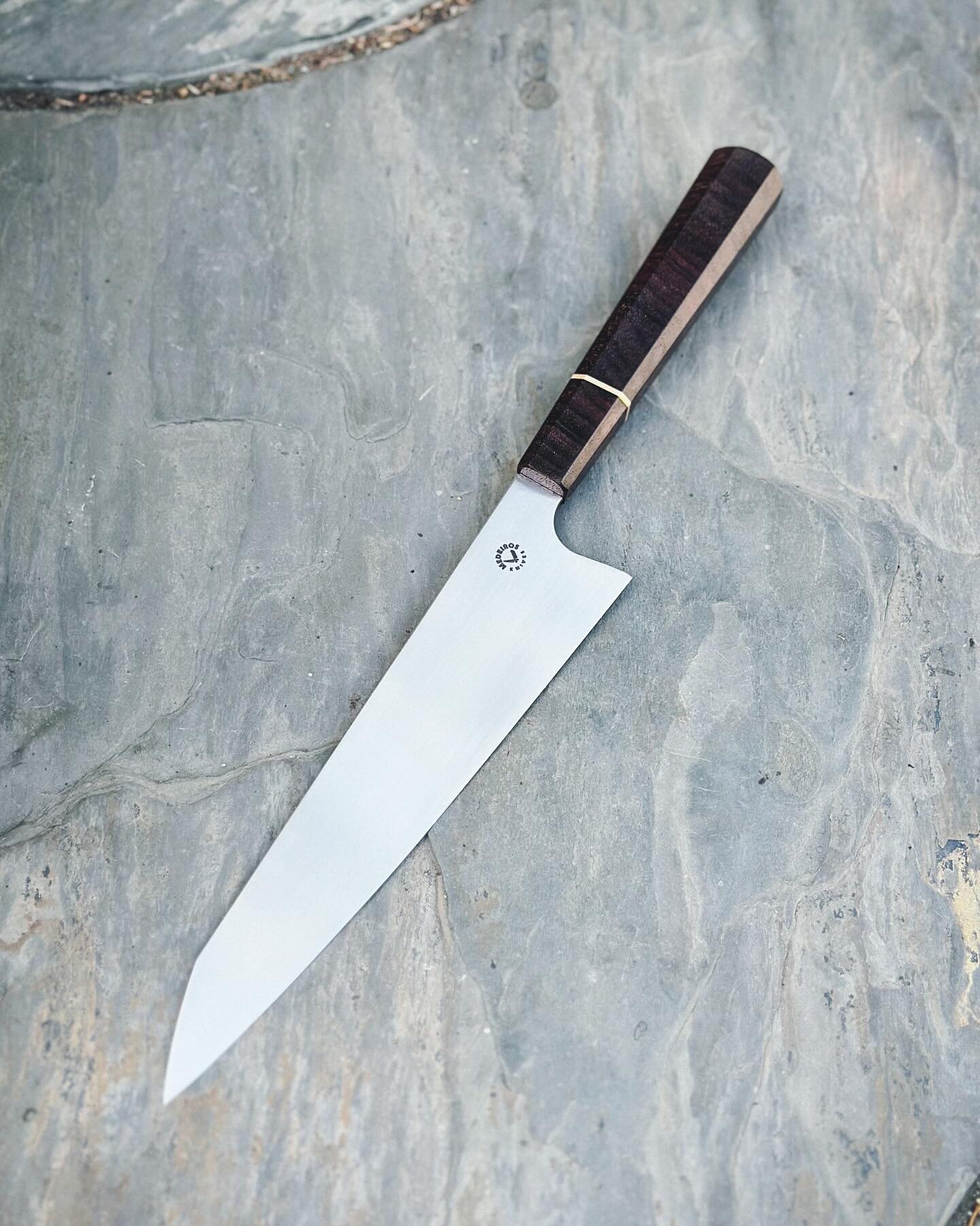 A stainless gyuto for the upcoming batch of six knives. ~8&rdquo; blade with an Asian rosewood and brass handle. 
.
.
.
.
#chefknives #truecooks #chefstalk #knifemaker #bladesmith #cheflife #cutlery #culinary #kitchenknife #customknife #forge #cookin