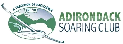 Logo of Adirondack Soaring Club with a mountainous background, a glider plane, and the text 'A Tradition of Excellence Est '01' in green and black.