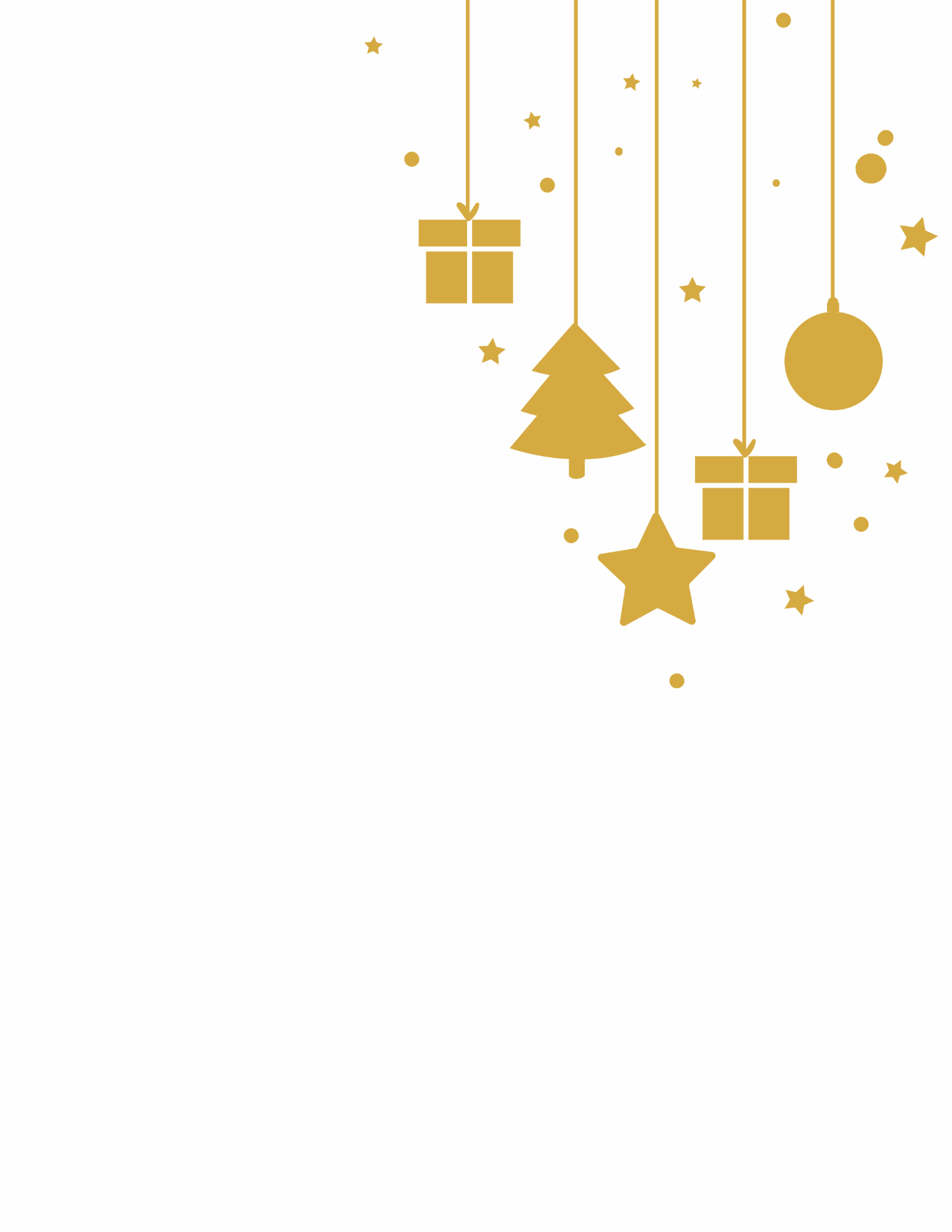 Gold Christmas ornaments, stars, gift boxes, a Christmas tree, and a bauble hanging from strings in the top right corner.