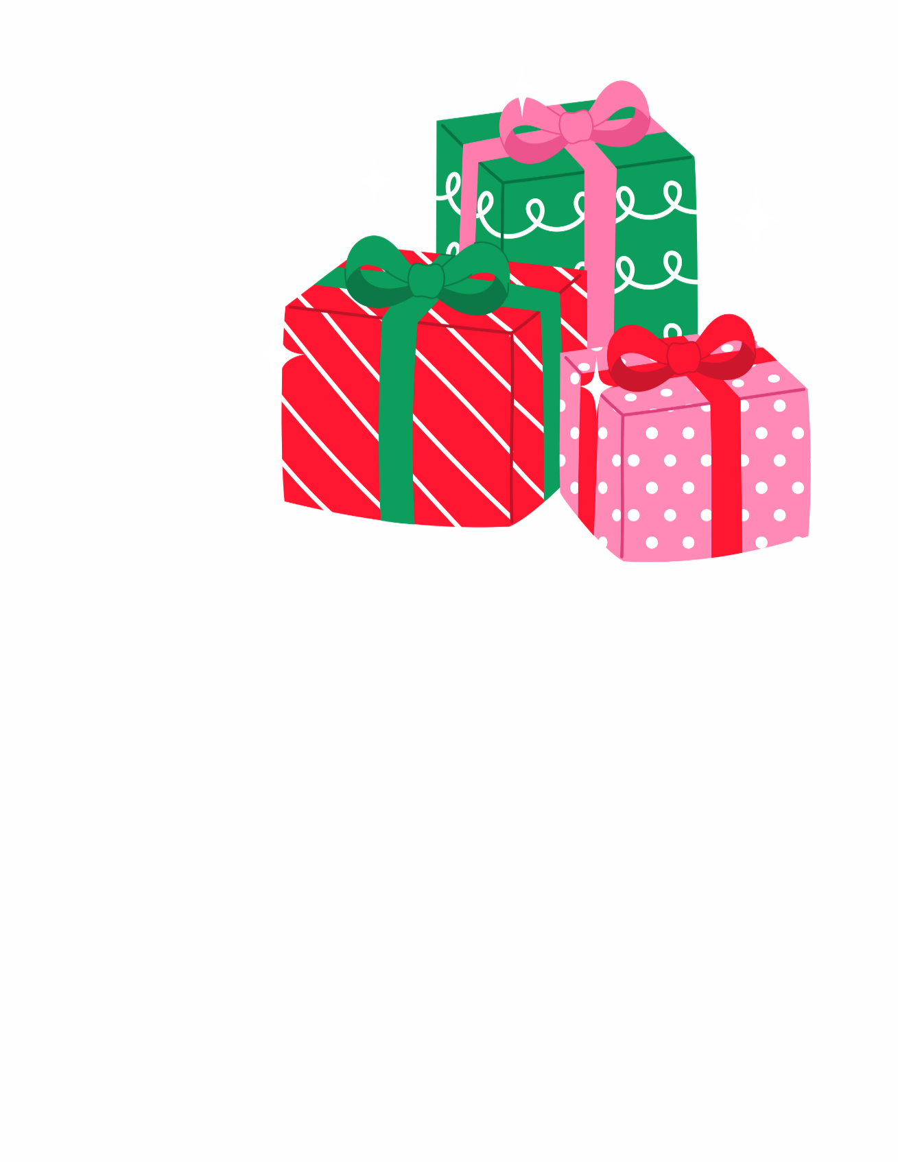 Three wrapped Christmas presents with bows, one in pink with white polka dots, another in red with diagonal white stripes, and the third in green with white swirl patterns.