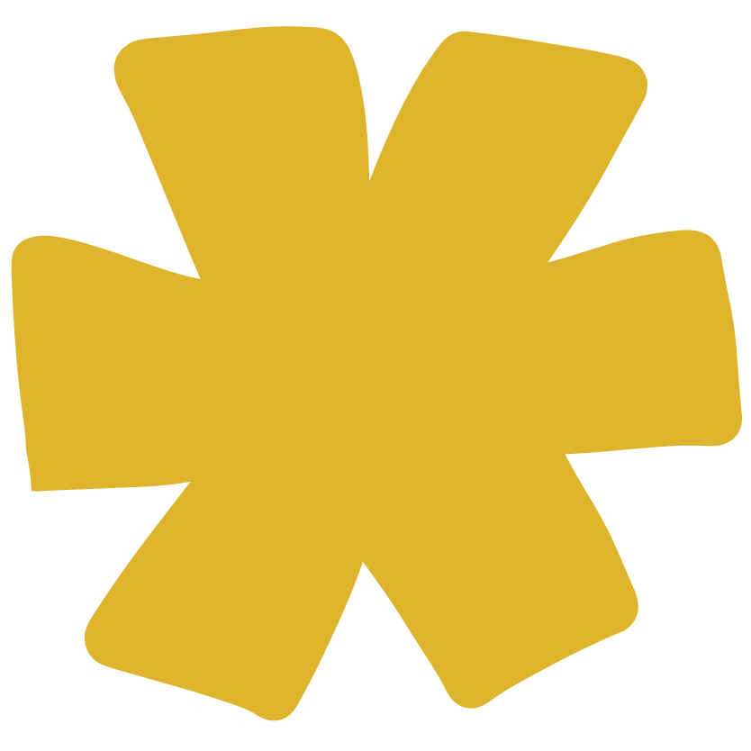 A stylized yellow starburst shape with rounded edges and a black background.