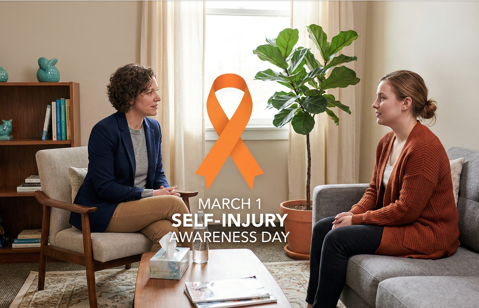 Therapist and client sitting in session in office with orange observance ribbon overlay