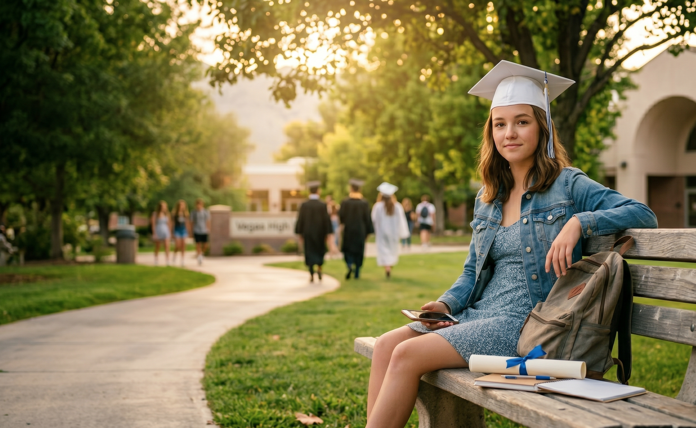 High School graduate sitting on school bench