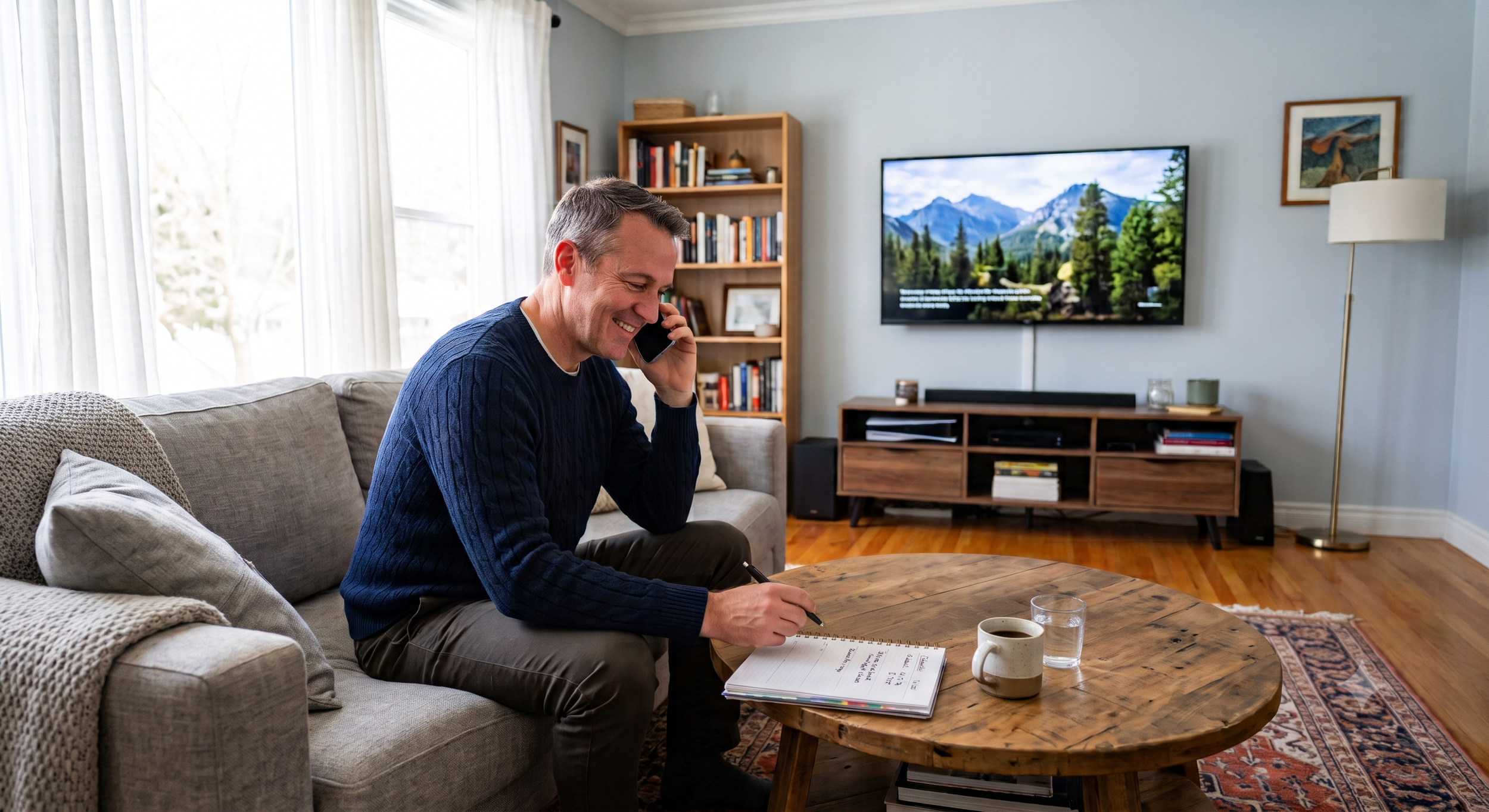 Middle aged man sitting in living room making a phone call to schedule an appointment