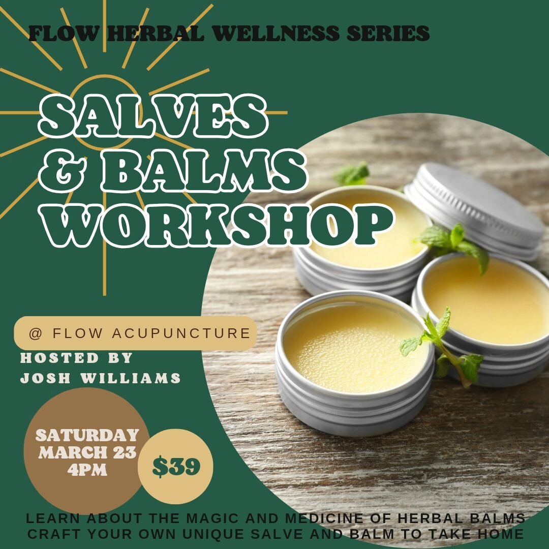 Super excited for the next herbal workshop at Flow Acupuncture &amp; Apothecary!
🌿 
I've crafted three decadent infused oils for us to connect with as we make a balm and a salve. Bring an apron and let's make some medicine!
🌿 
Saturday March 23 / 4