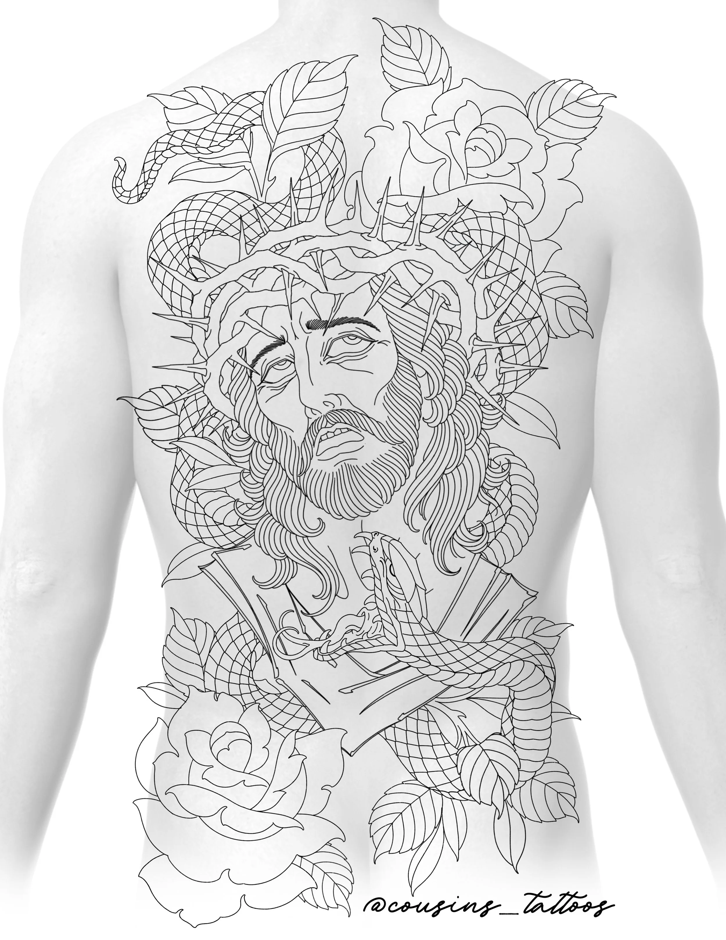 Jesus, Snake, and Roses Backpiece Concept