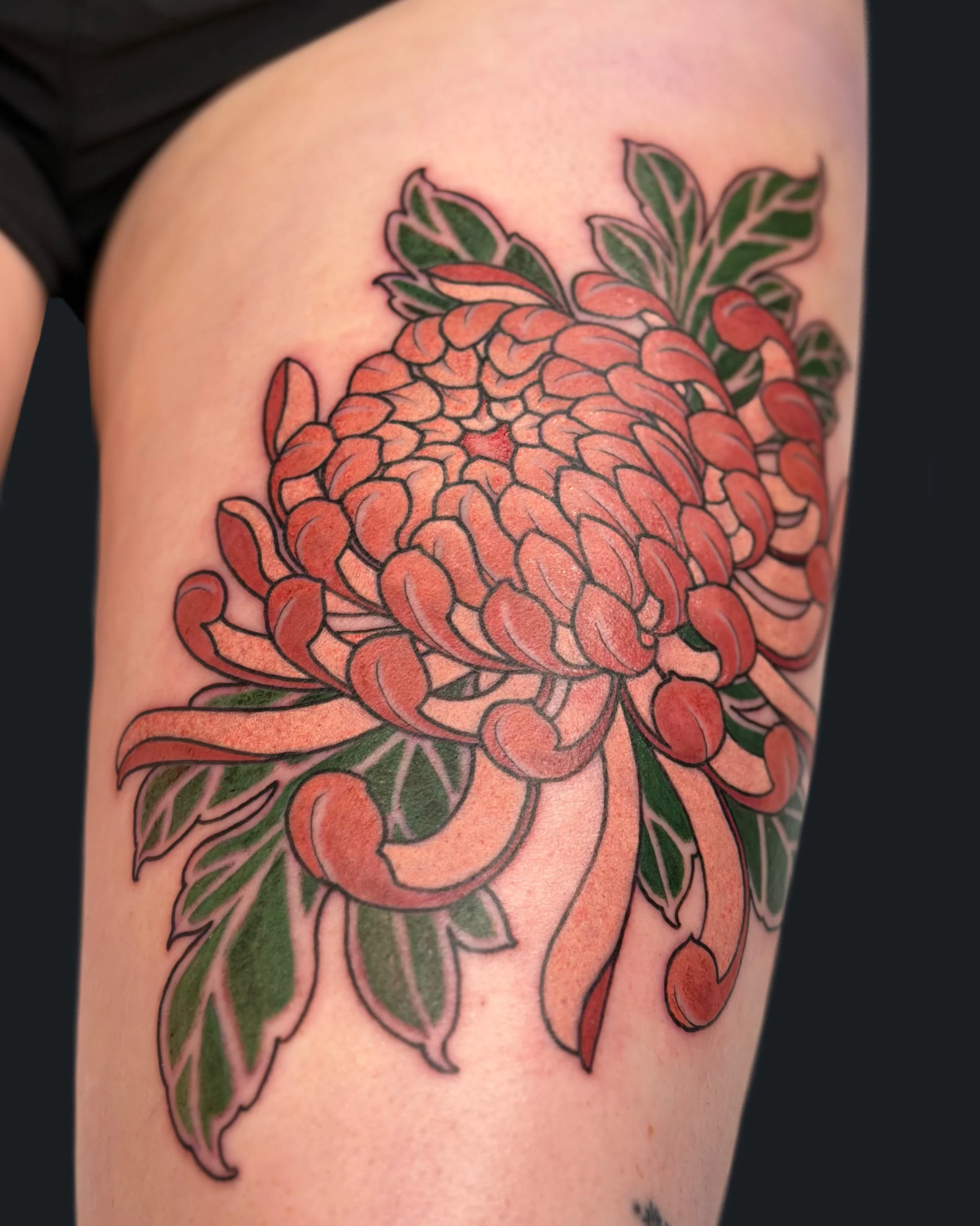 Neotraditional chrysanthemum tattoo by English Cousins at Pilgrimage Tattoo