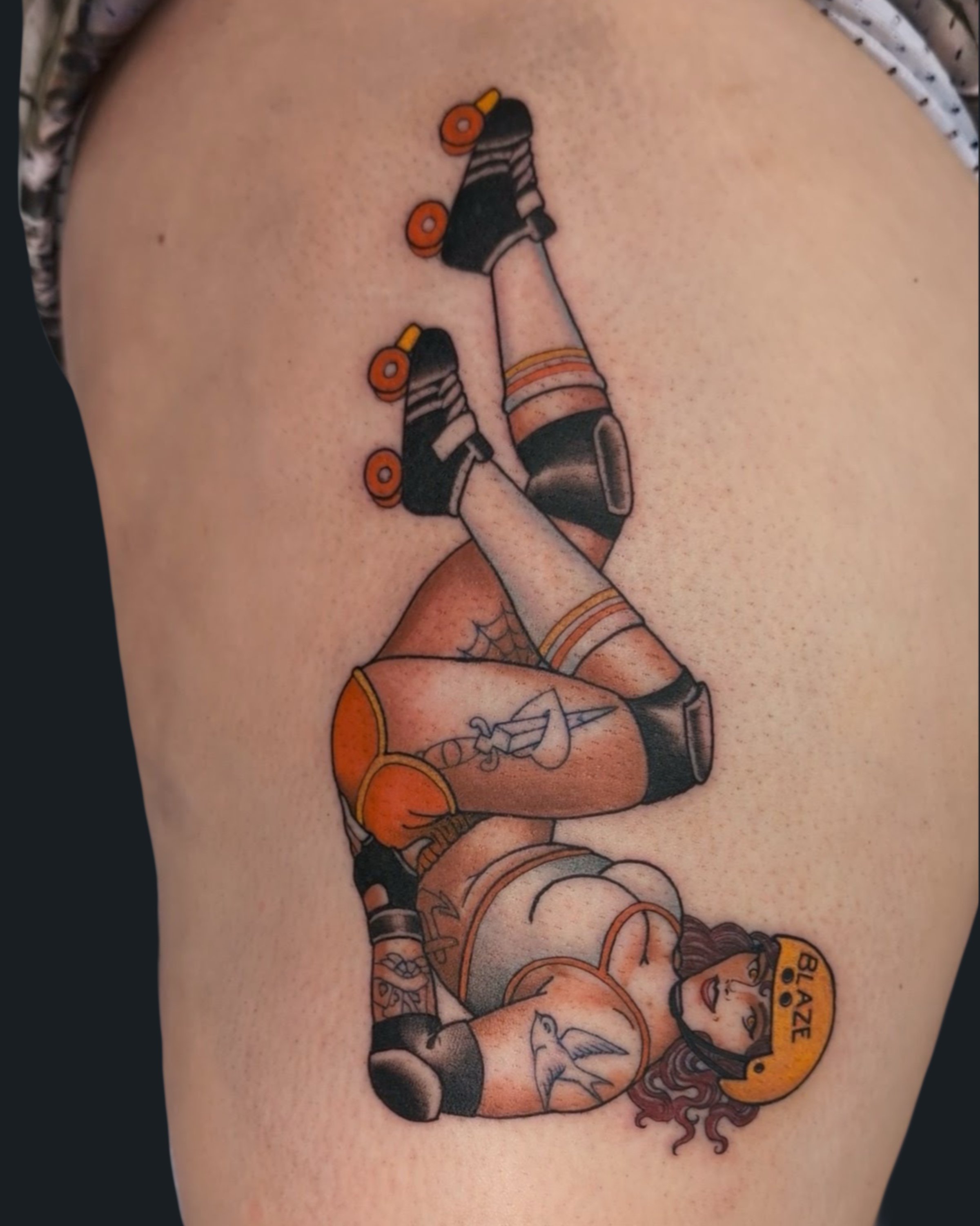 Neotraditional curvy pin-up derby girl by English Cousins at Pilgrimage Tattoo