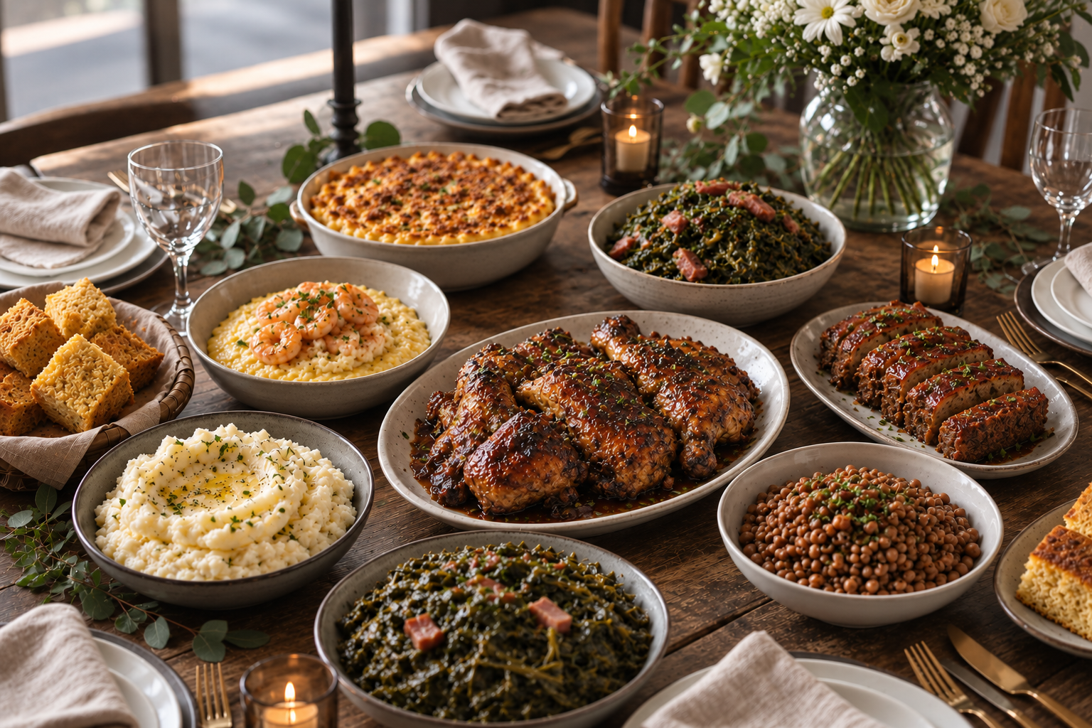 Soul Table spread with BBQ chicken, shrimp and grits, cornbread and shared sides