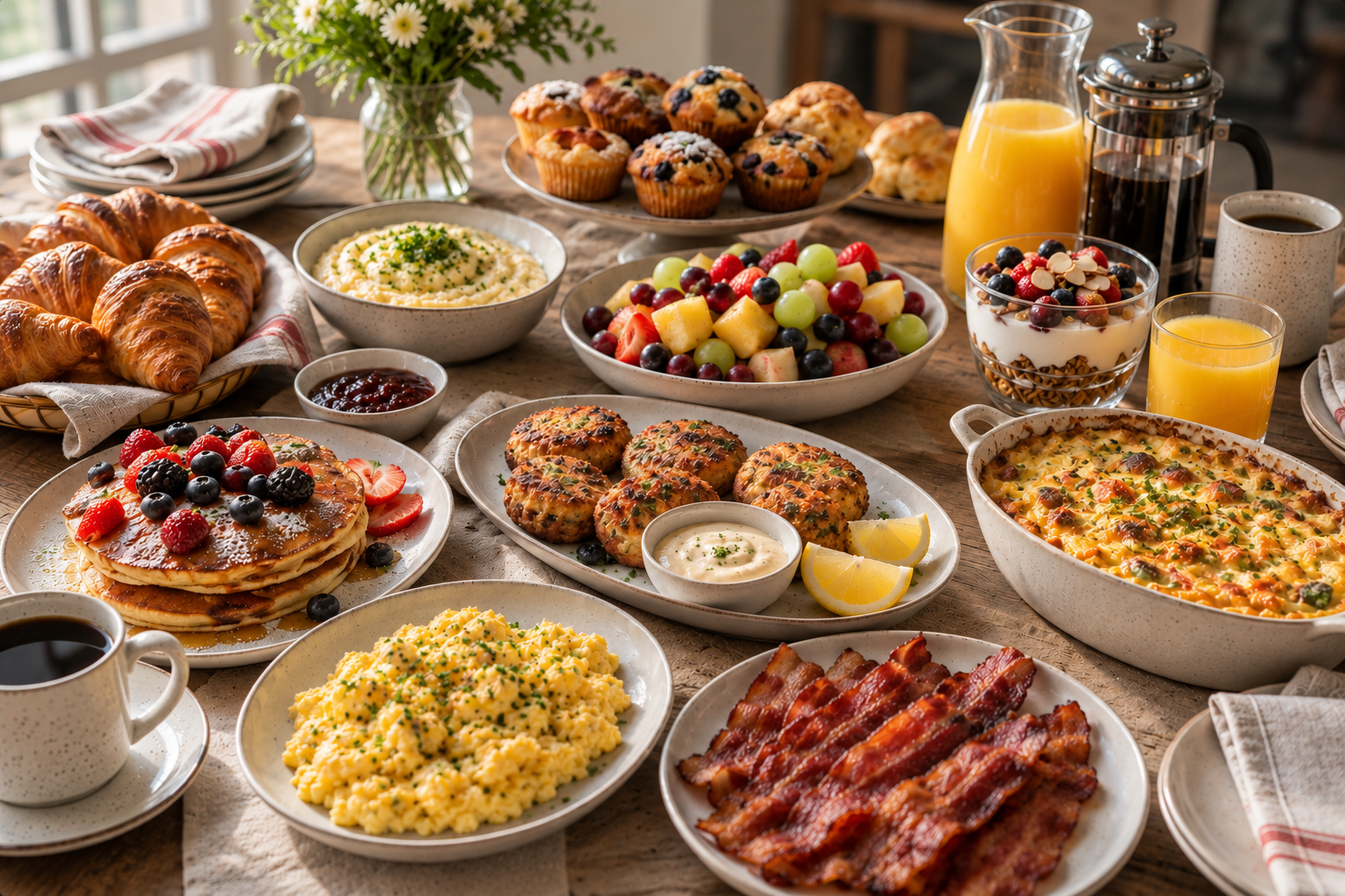 Brunch Table with salmon croquettes, pancakes, eggs, bacon and pastries
