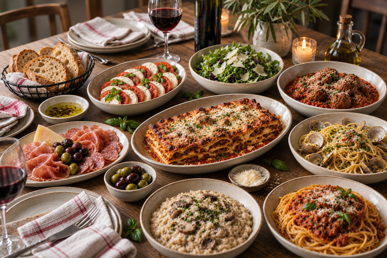 Convivio Table with lasagna, pastas, antipasti and shared Italian dishes