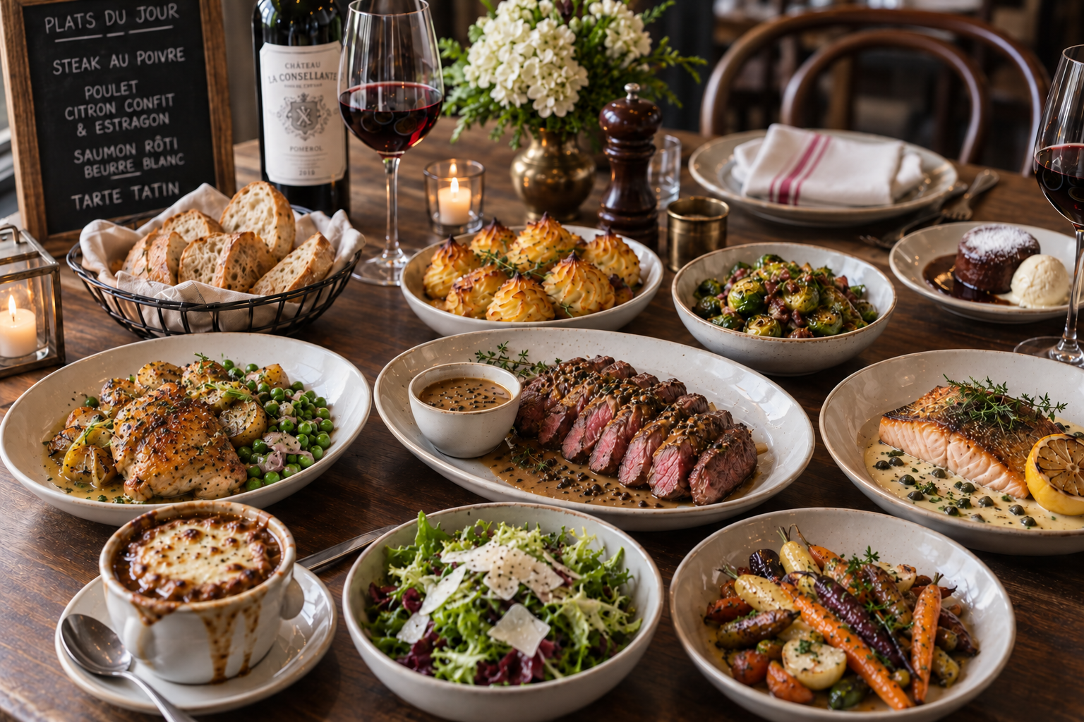 Bistro Table with steak au poivre, pommes duchesse, Poulet au Citron Confit & Estragon with baby potatoes and whole peas, and salmon