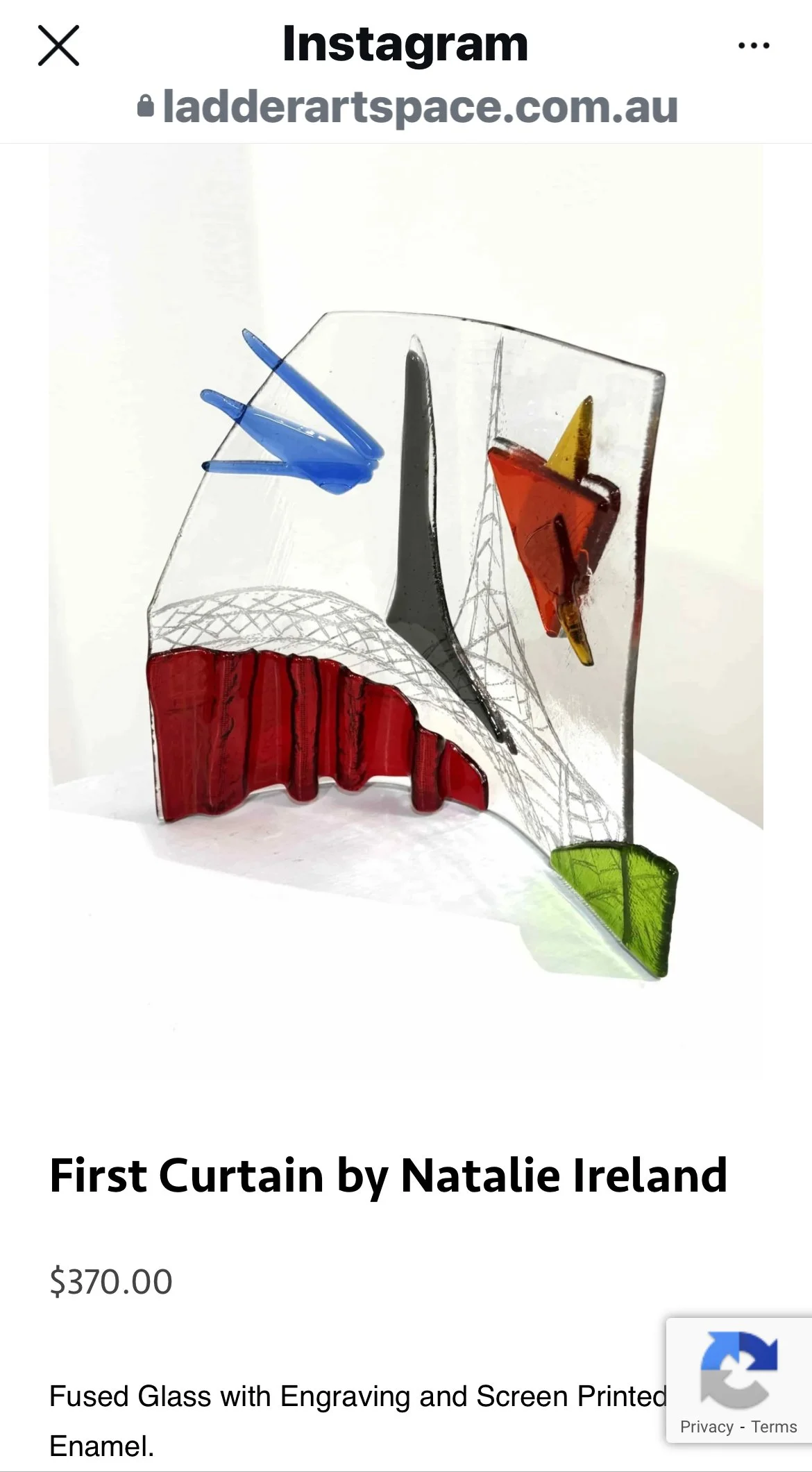 A fused glass art piece titled "First Curtain" by Natalie Ireland, featuring abstract shapes and colors including red, green, blue, yellow, gray, and black, with an engraved design.