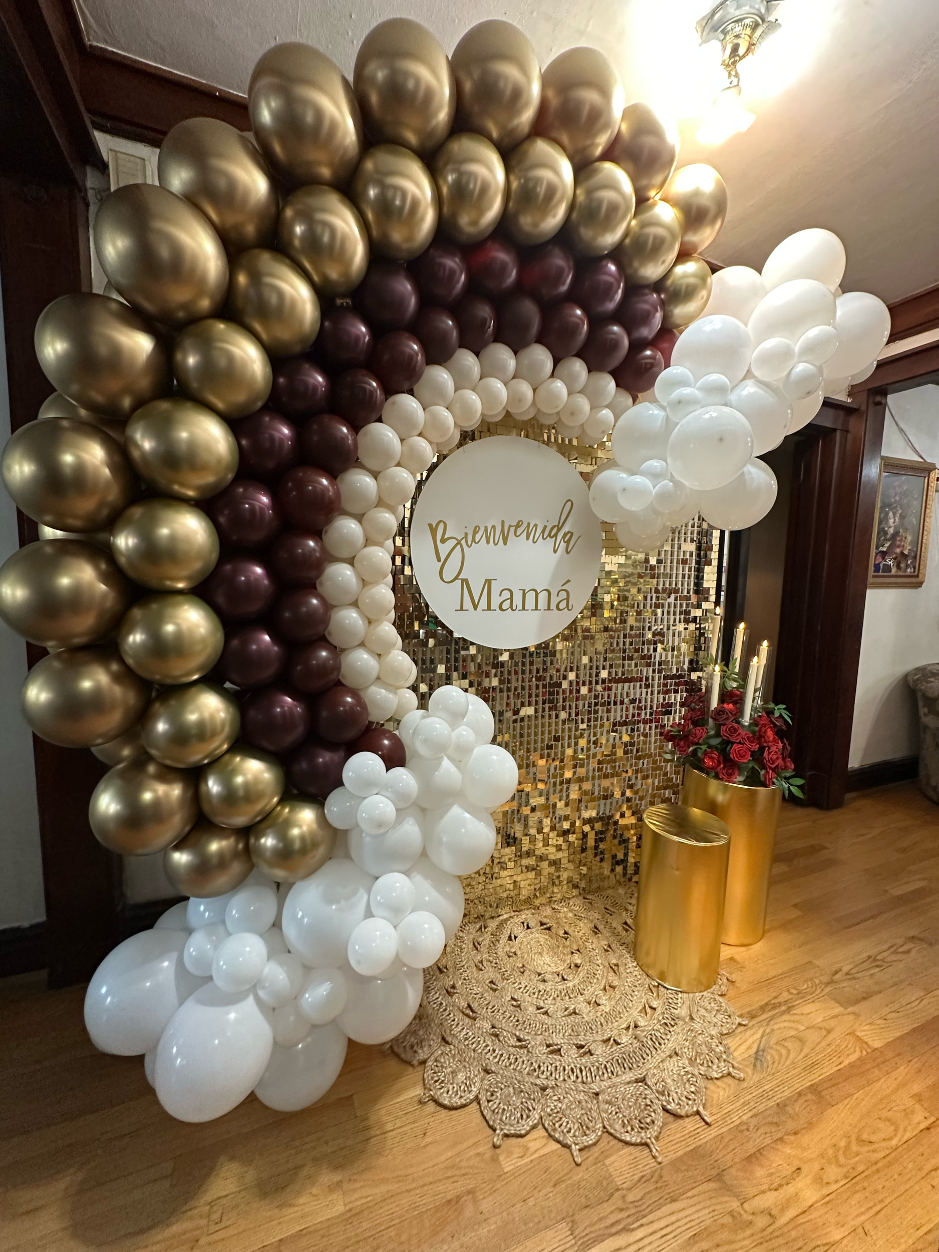 Decorative Balloon Arch with Gold Backdrop 