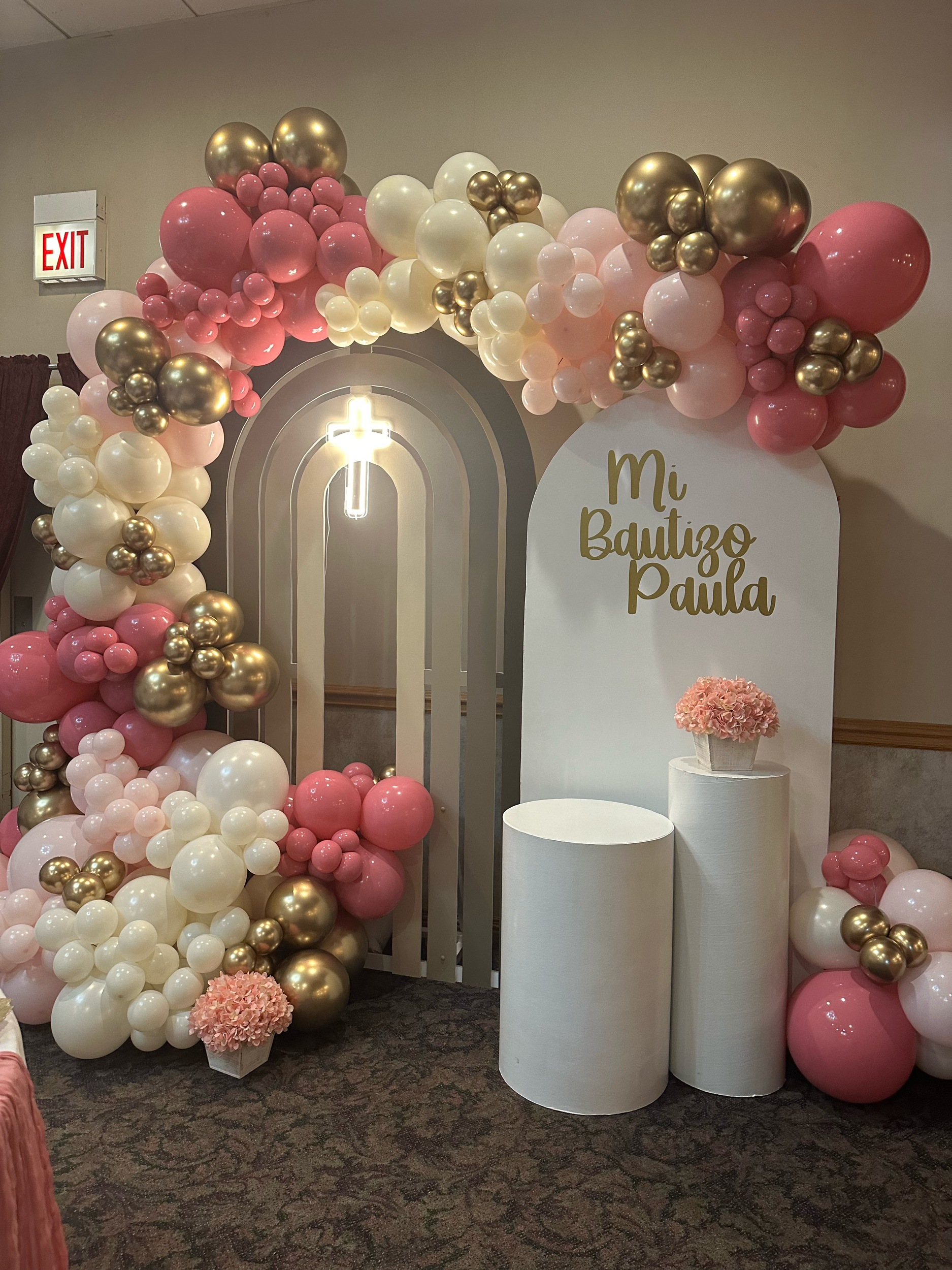 Baptism Decor with Pink and Gold Tone Arch 