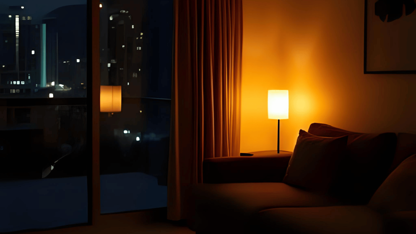 noćni pogled iz udobnosti i sigurnosti doma prema noćnoj slici grada