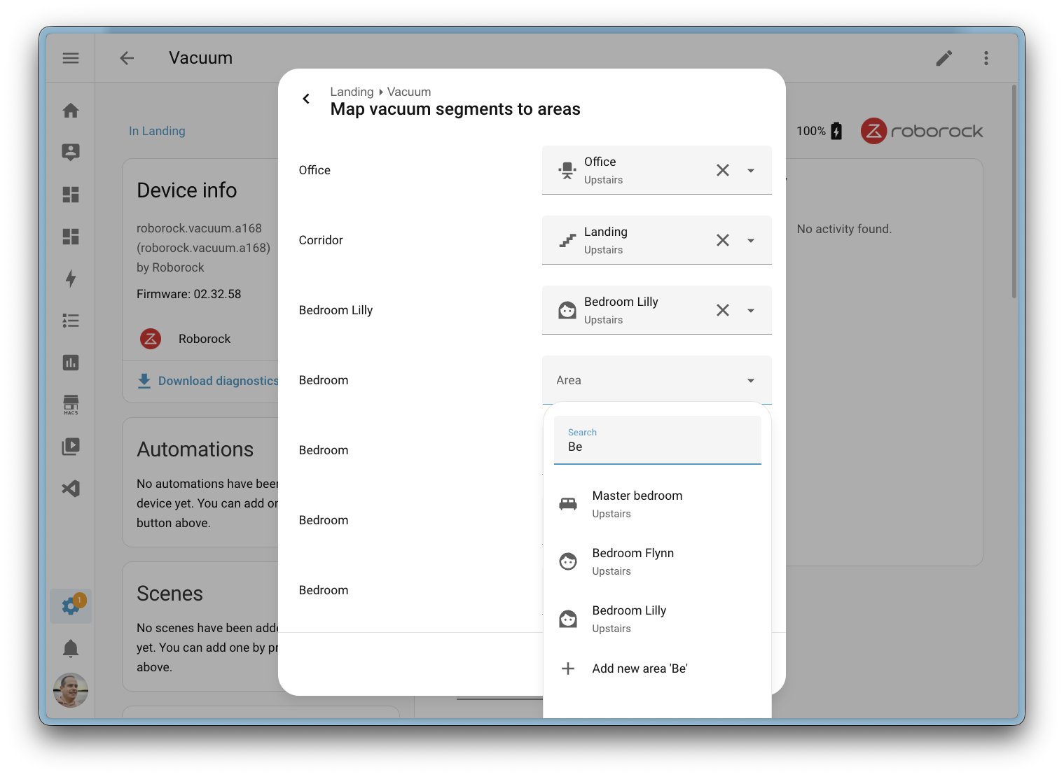 HA izbornik u kojem se bira područje čišćenja robotskog usisavača